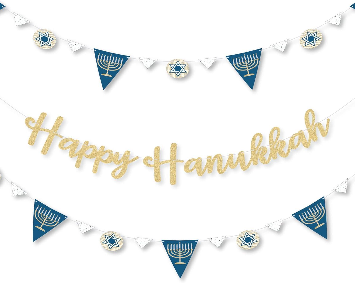 Big Dot of Happiness Happy Hanukkah - Chanukah Letter Banner Decoration - 36 Banner Cutouts & No-Mess Real Gold Glitter Happy Hanukkah Banner Letters