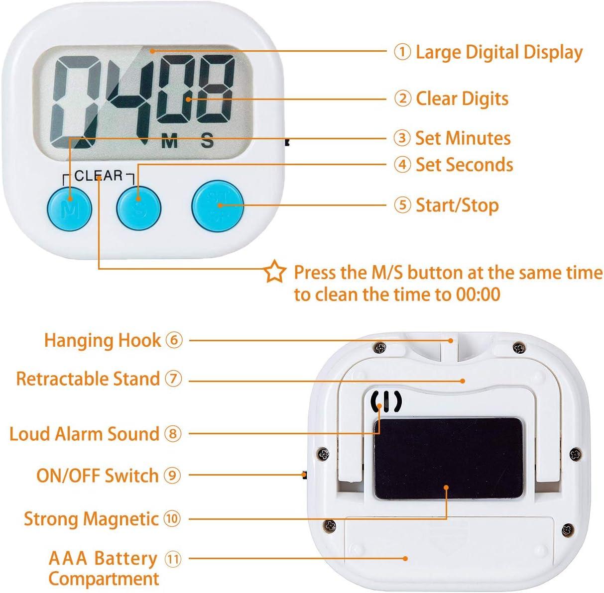 White Digital Kitchen Timer with Big Digits and Loud Alarm