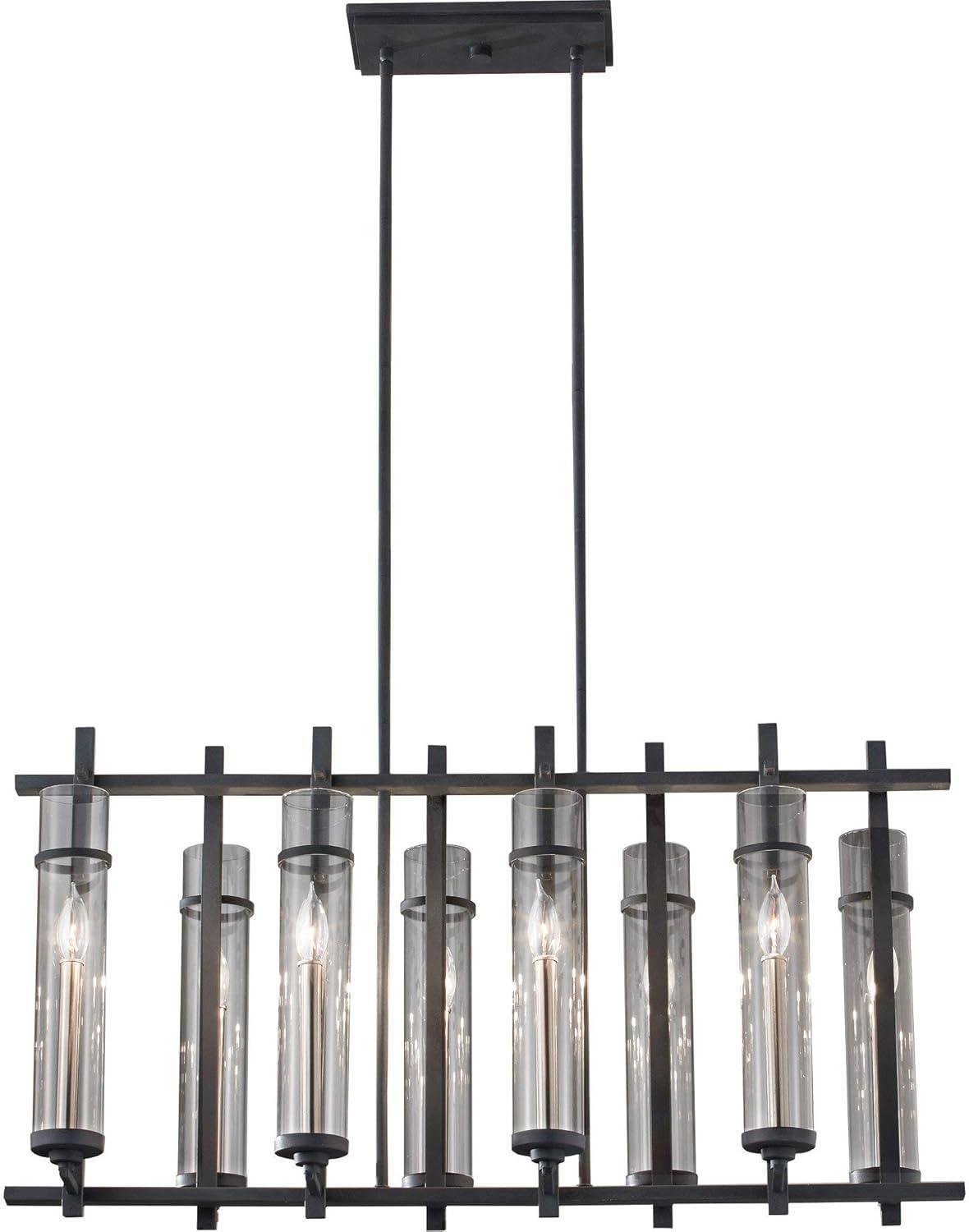 Ethan 8-Light Antique Forged Iron/Brushed Steel Contemporary Industrial Linear Billiard Island Candlestick Chandelier