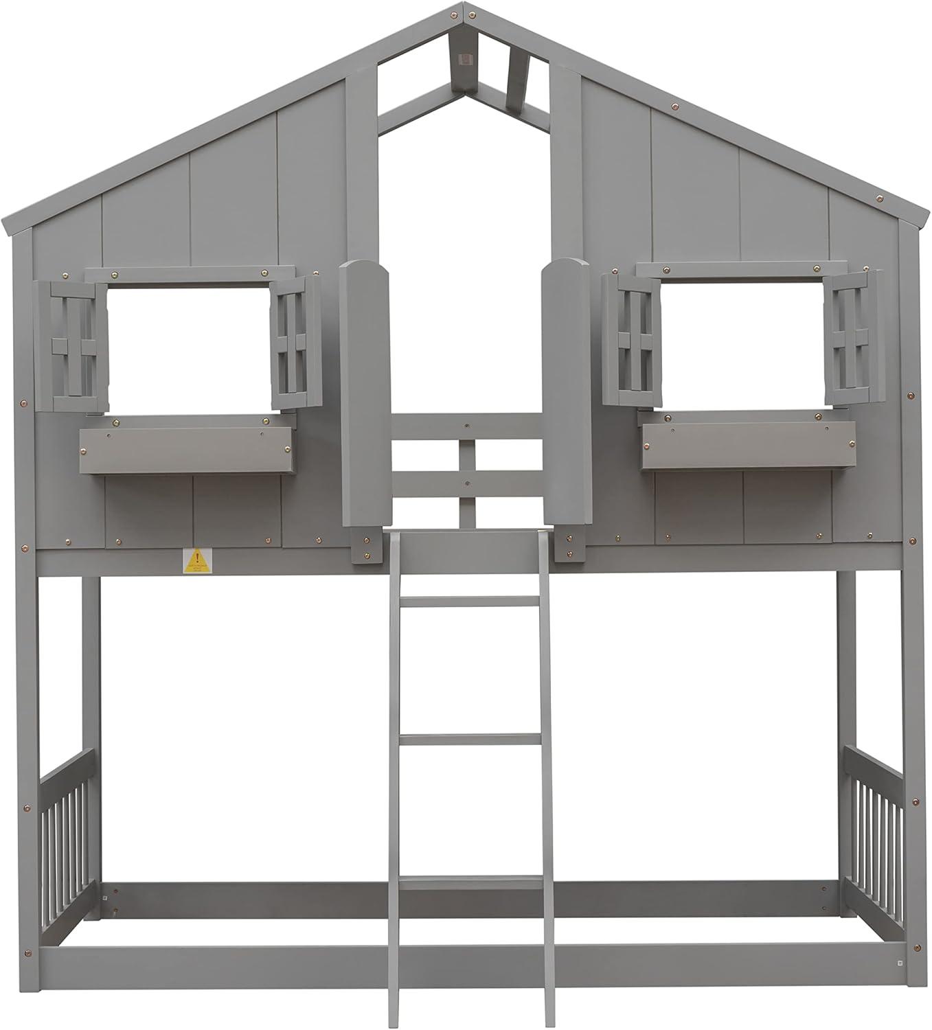 HighSound Twin Over Twin House Bunk Bed Frame with Roof, Window, Ladder and Safety Guardrails for Boys Girls, White & Pink