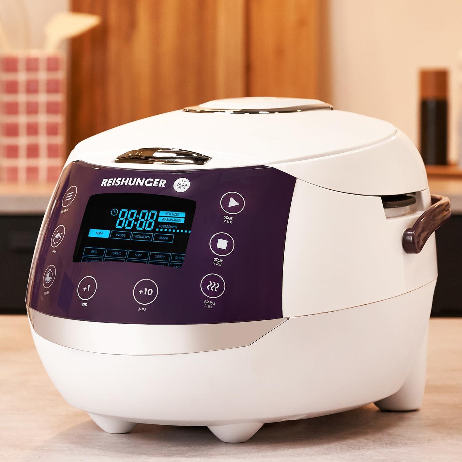 Reishunger Digital Rice Cooker and Steamer, Black, Timer - 8 Cups - Premium Inner Pot, Multi Cooker with 12 Programs & 7-Phase Technology for Brown Rice, Soups, Grains, Oatmeal & more - 1-8 People
