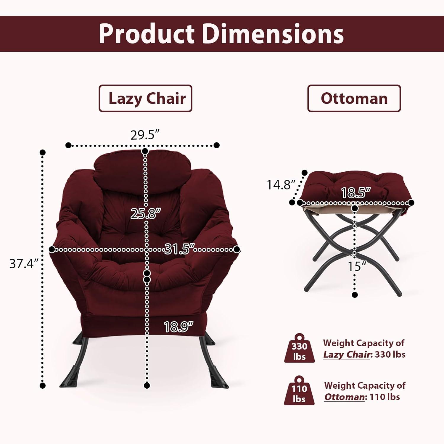 Burgundy Velvet Accent Chair with Ottoman and Metal Frame