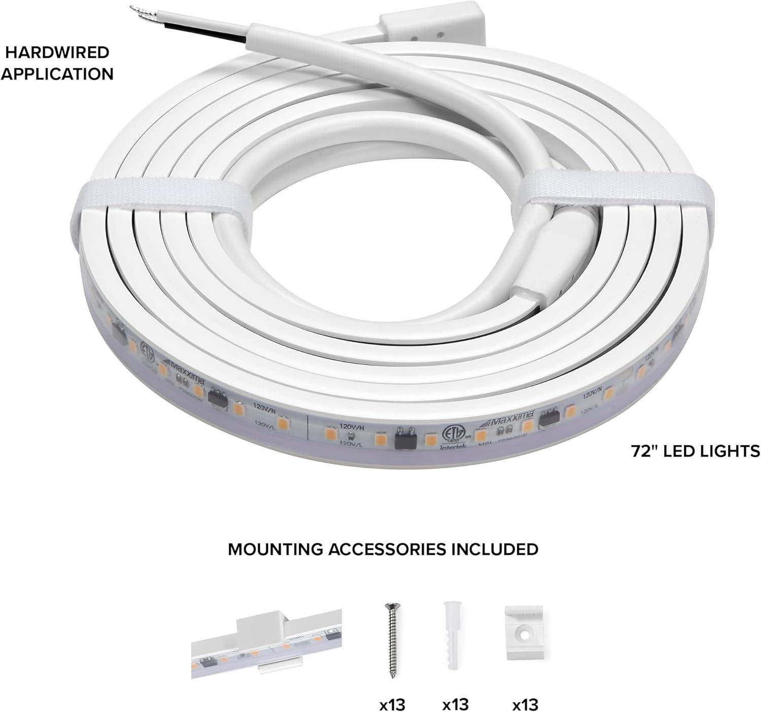 Maxxima 72 in. LED Under Cabinet Strip Light, Hardwired, 2760 Lumens, 3000K Warm White, 120V White Cove Light