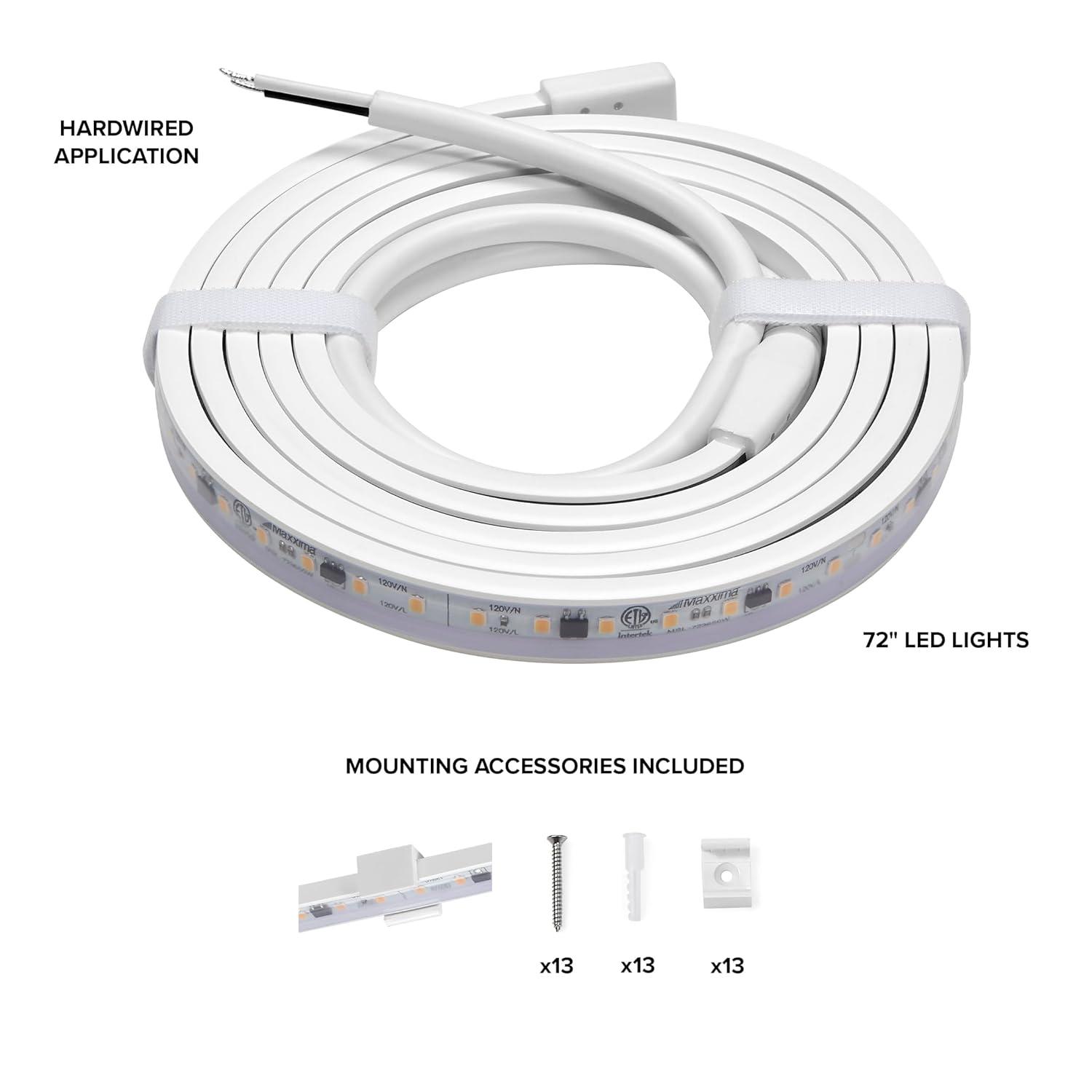 Maxxima 72 in. LED Under Cabinet Strip Light, Hardwired, 2760 Lumens, 3000K Warm White, 120V White Cove Light