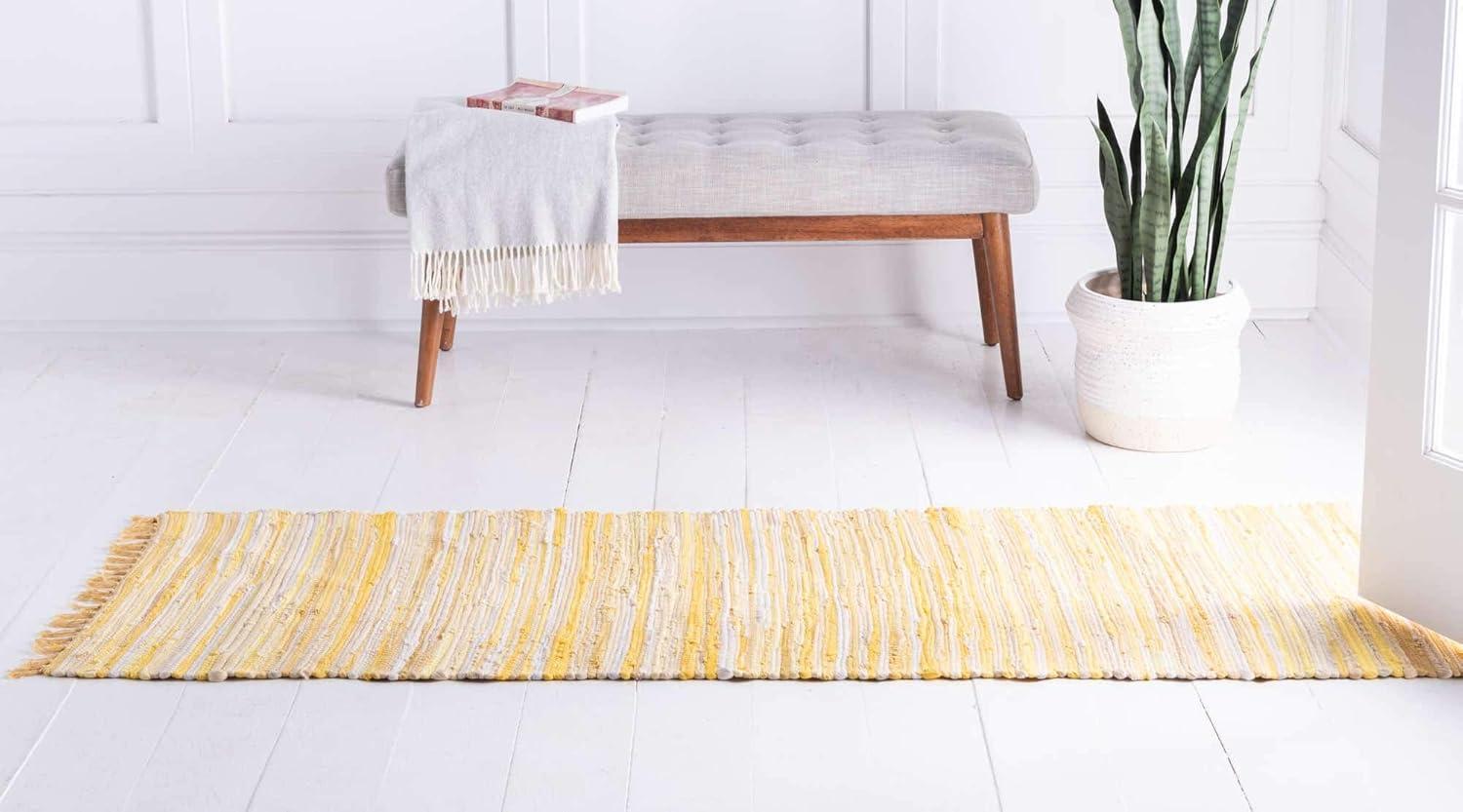 Handmade Yellow Stripe Cotton Indoor Runner Rug, Easy Care