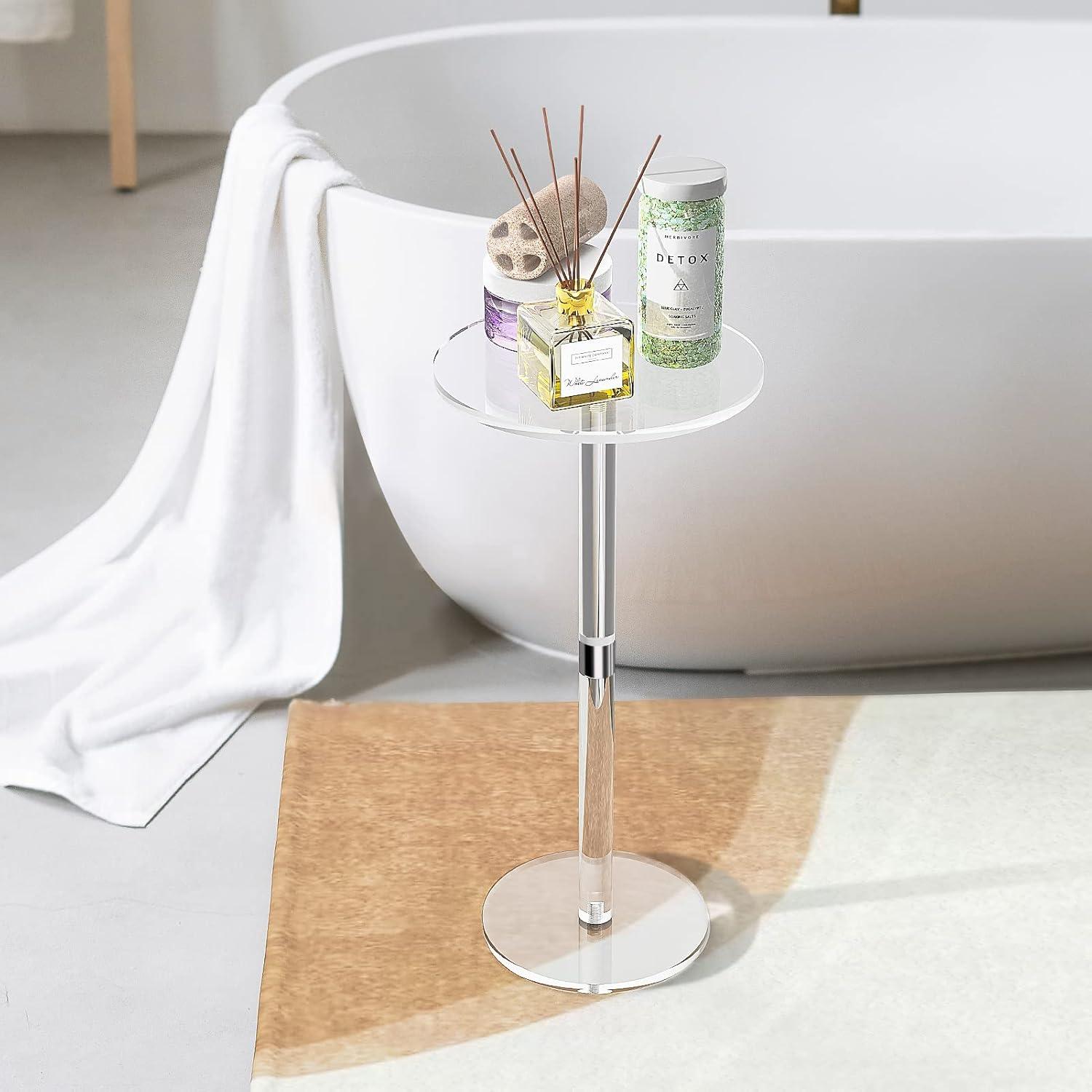 Acrylic End Table, Clear Side Tables for Small Space, 9.8" Round Modern Drink Table for Living Room, Bedroom, Bathroom, Office, Outdoor, Business, Sturdy and Easy to Install