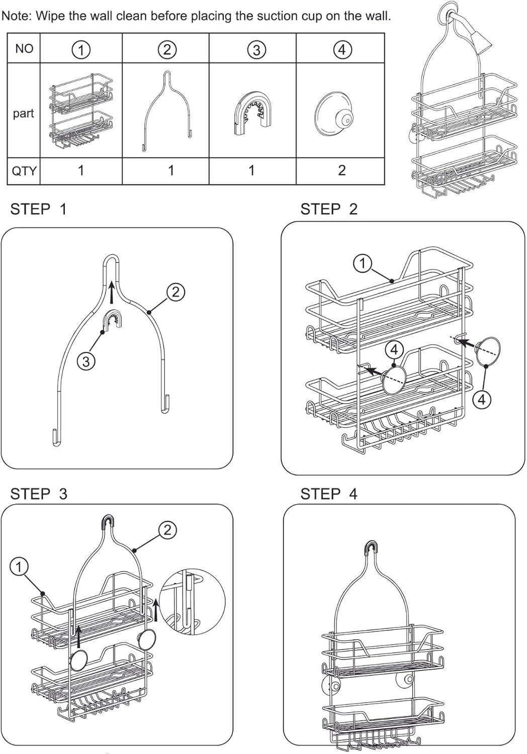 Silver Powder Coated Rectangular Metal Shower Caddy with Hooks