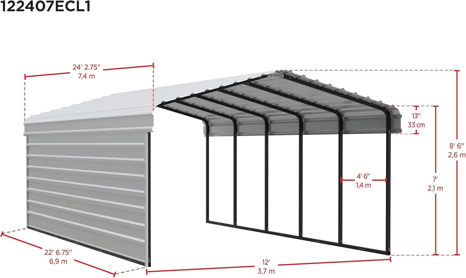 Arrow Arrow Steel Carport with 1 Side Wall Kit, 12X24X07