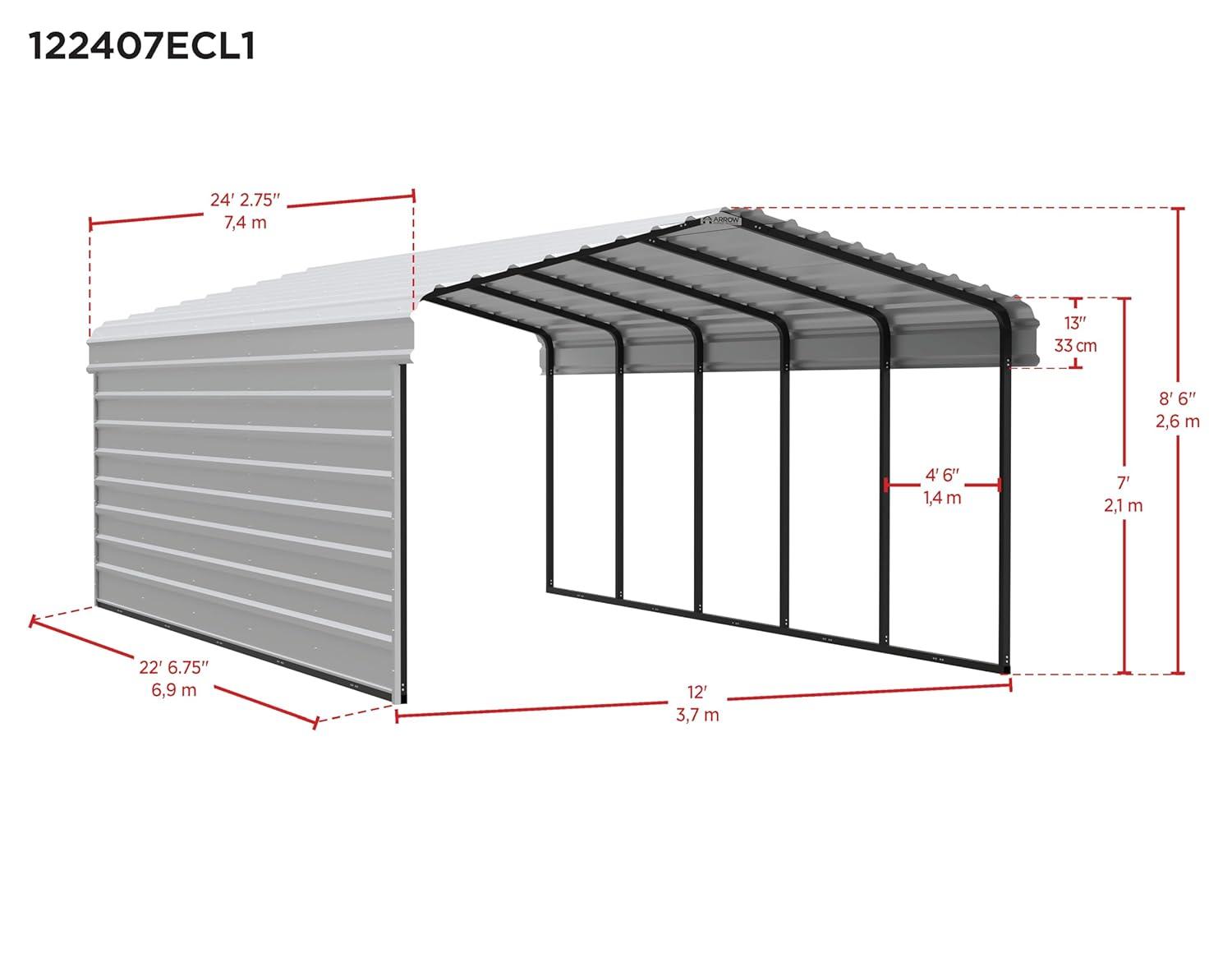 Arrow Arrow Steel Carport with 1 Side Wall Kit, 12X24X07