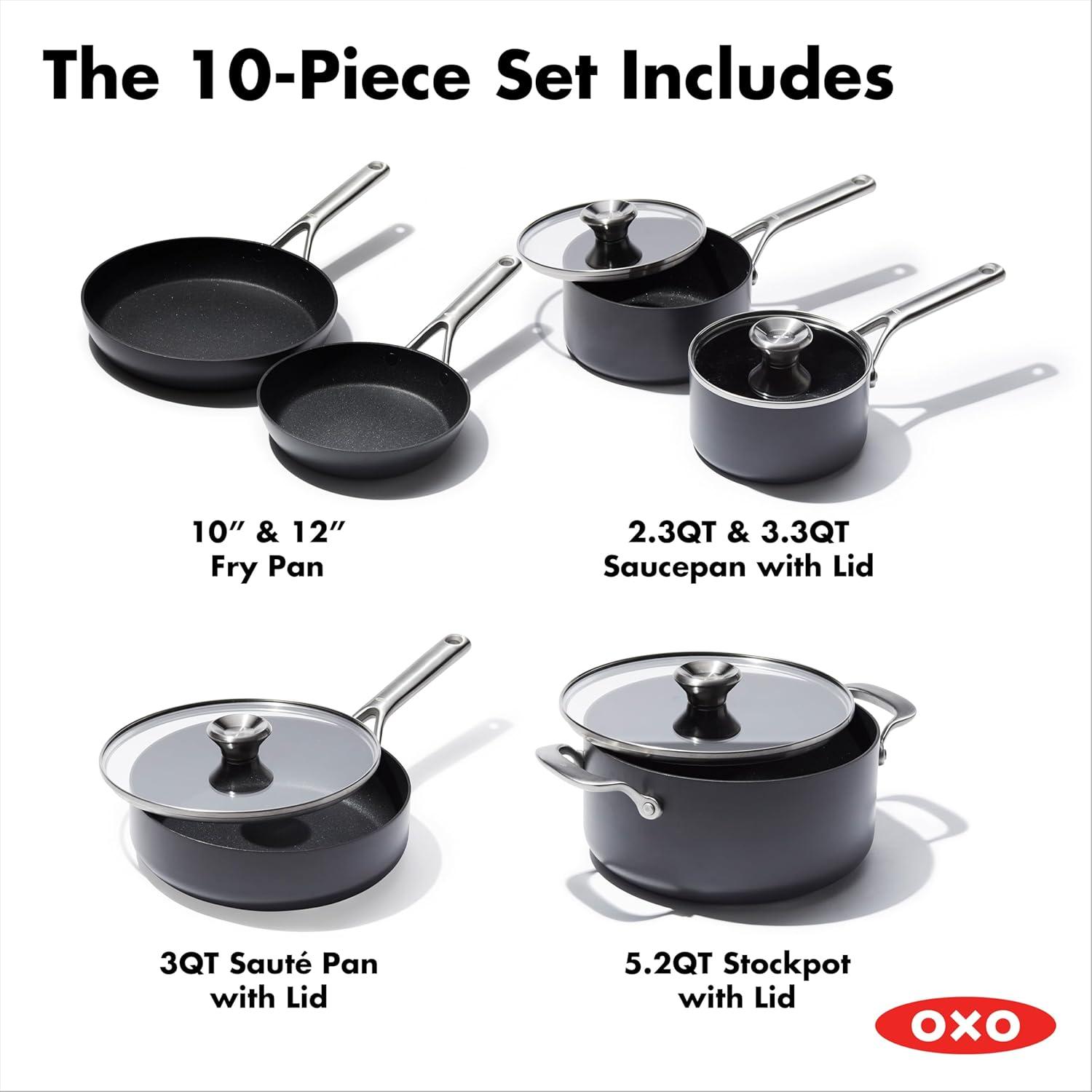 OXO 10pc Ceramic Pro Non-Stick Cookware Set Gray: Aluminum, Dishwasher-Safe, Induction & Gas Compatible, Lifetime Warranty