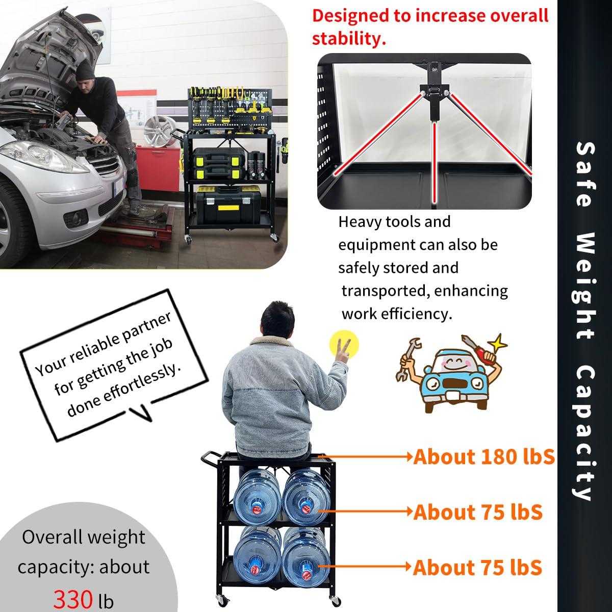 Lumizone 3-Tier Foldable Rolling Tool Cart with Wheels, Utility Cart with Pegboard and Hooks for Garage Organizer and Tool Storage, Power Tool Storage Cart on Wheels (Tool Cart+Hooks)