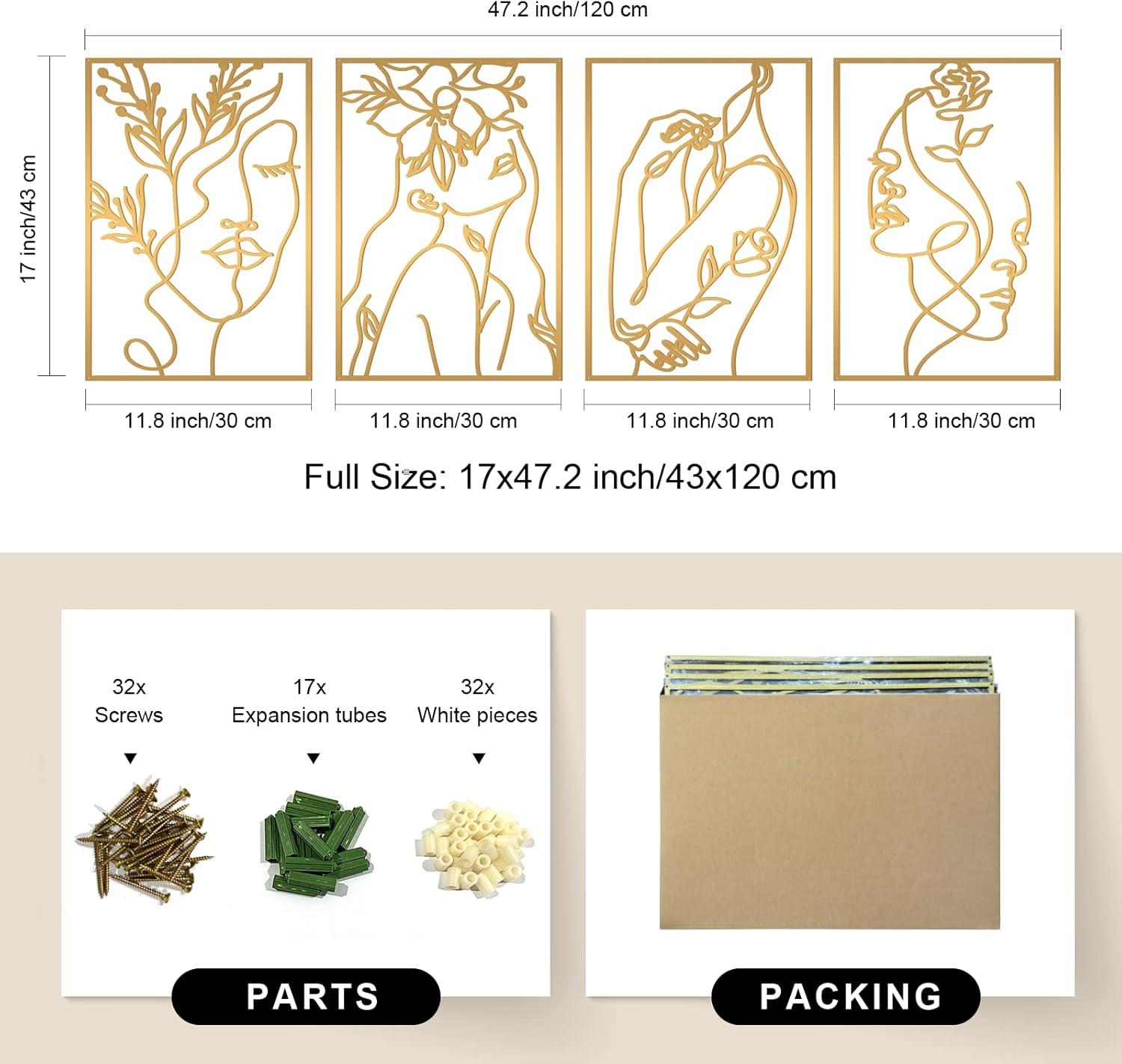 Glamativity 4 Pack Gold Wall Art Decor, Female Flower Face Lover Minimalist Décor Single Line Art Wall Décor, Real Metal Wall Art, Woman's Body Shape Abstract Wall Art, for Kitchen Bedroom Living Room (Gold Floral Lady Style, M Size 17 x 11.8'')