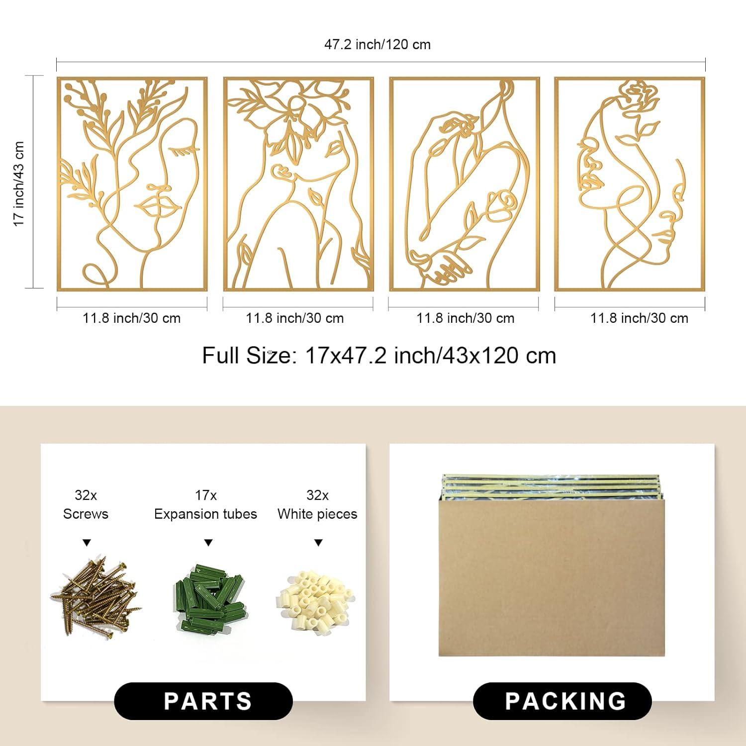 Glamativity 4 Pack Gold Wall Art Decor, Female Flower Face Lover Minimalist Décor Single Line Art Wall Décor, Real Metal Wall Art, Woman's Body Shape Abstract Wall Art, for Kitchen Bedroom Living Room (Gold Floral Lady Style, M Size 17 x 11.8'')