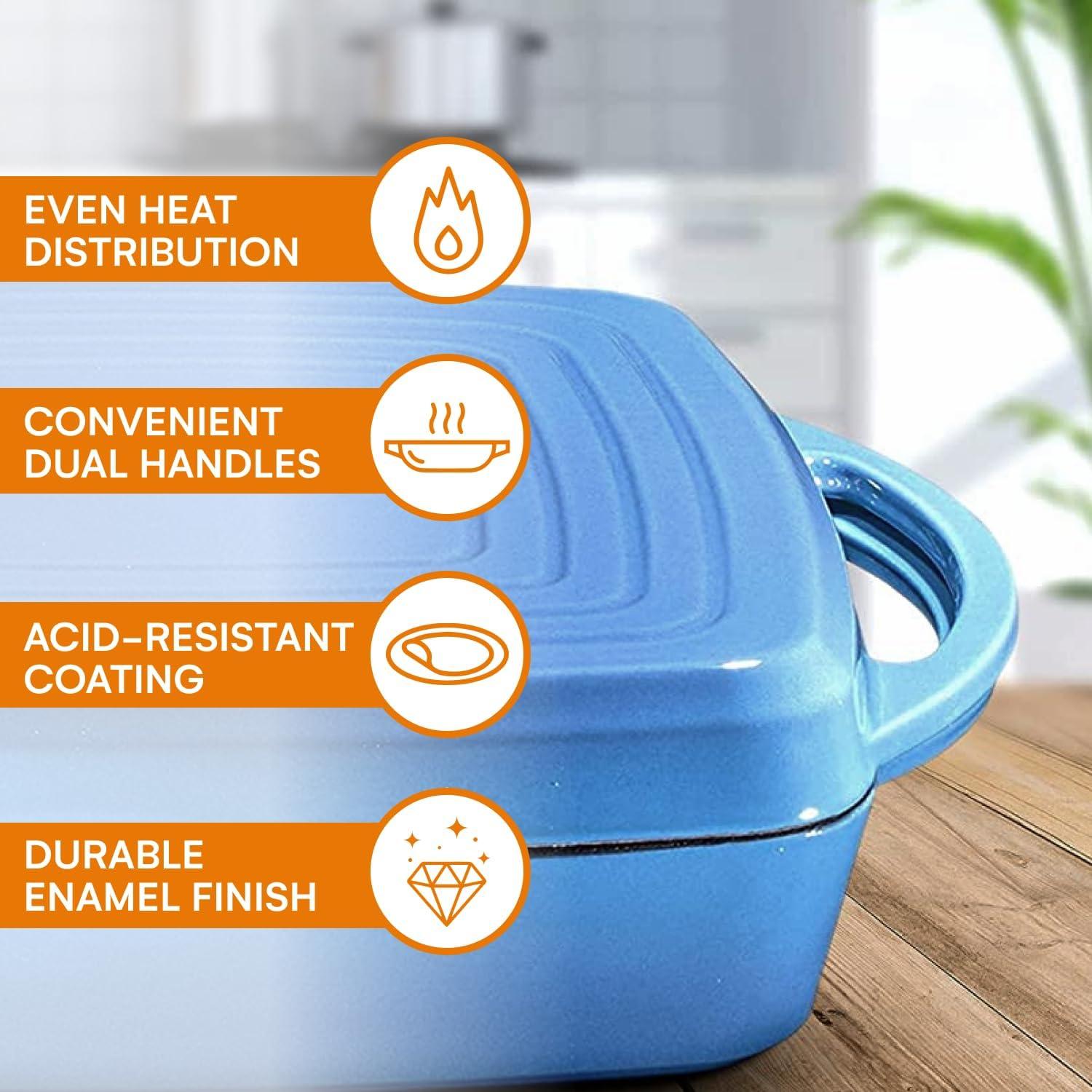 Bruntmor 2-in-1 Pre-seasoned Square Cast Iron Dutch Oven With Dual Handles, Blue