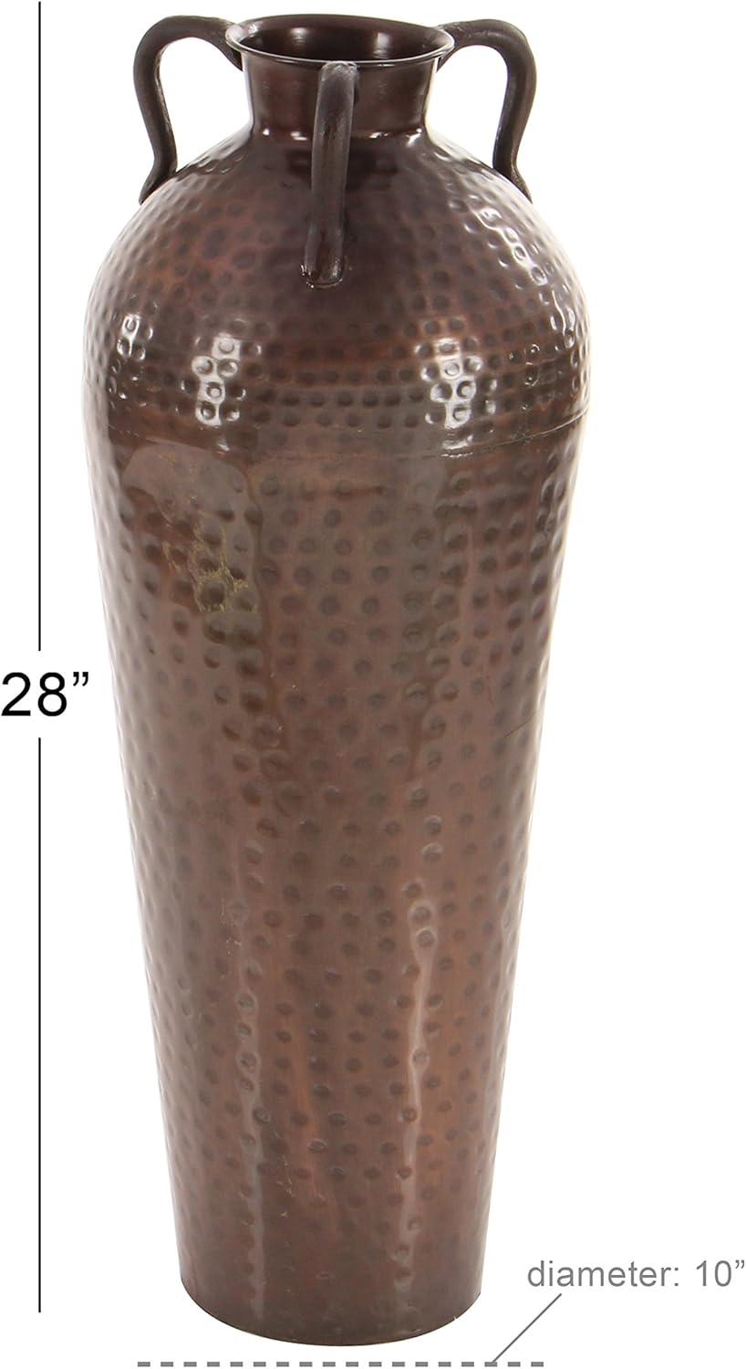 DecMode 28" Tall Floor Mediterranean Style Brown Metal Vase with Hammered Details and Handles