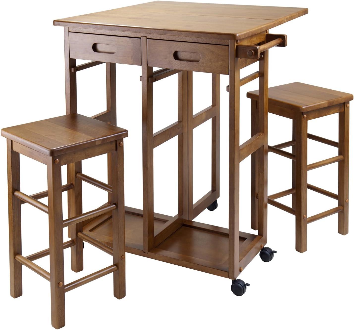 3pc Suzanne Space Saver Drop Leaf Dining Set Teak - Winsome: Compact, Storage Drawers & 2 Stools