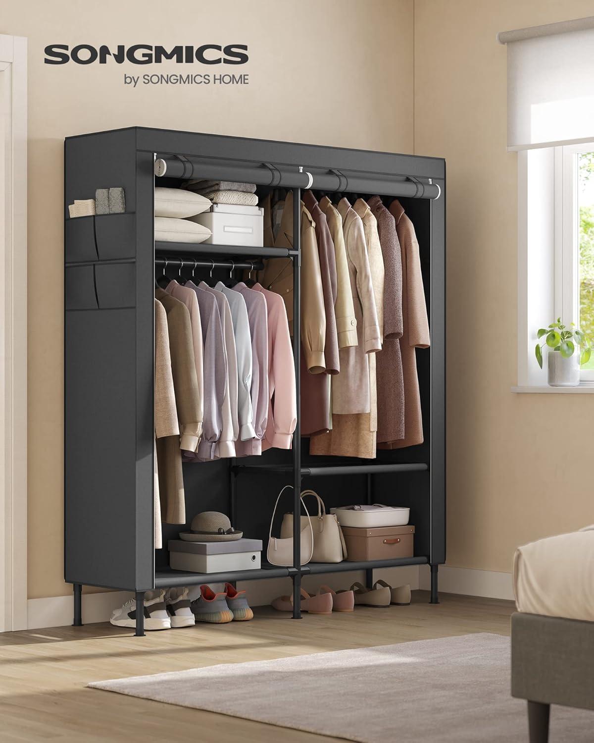 SONGMICS Wardrobe Closet, 65 Inch Heavy Duty Portable Closet, Freestanding Closet Organizer, Clothes Rack with Cover, 2 Hanging Rails, 3 Shelves,4 Side Pockets,Black URDR301B02