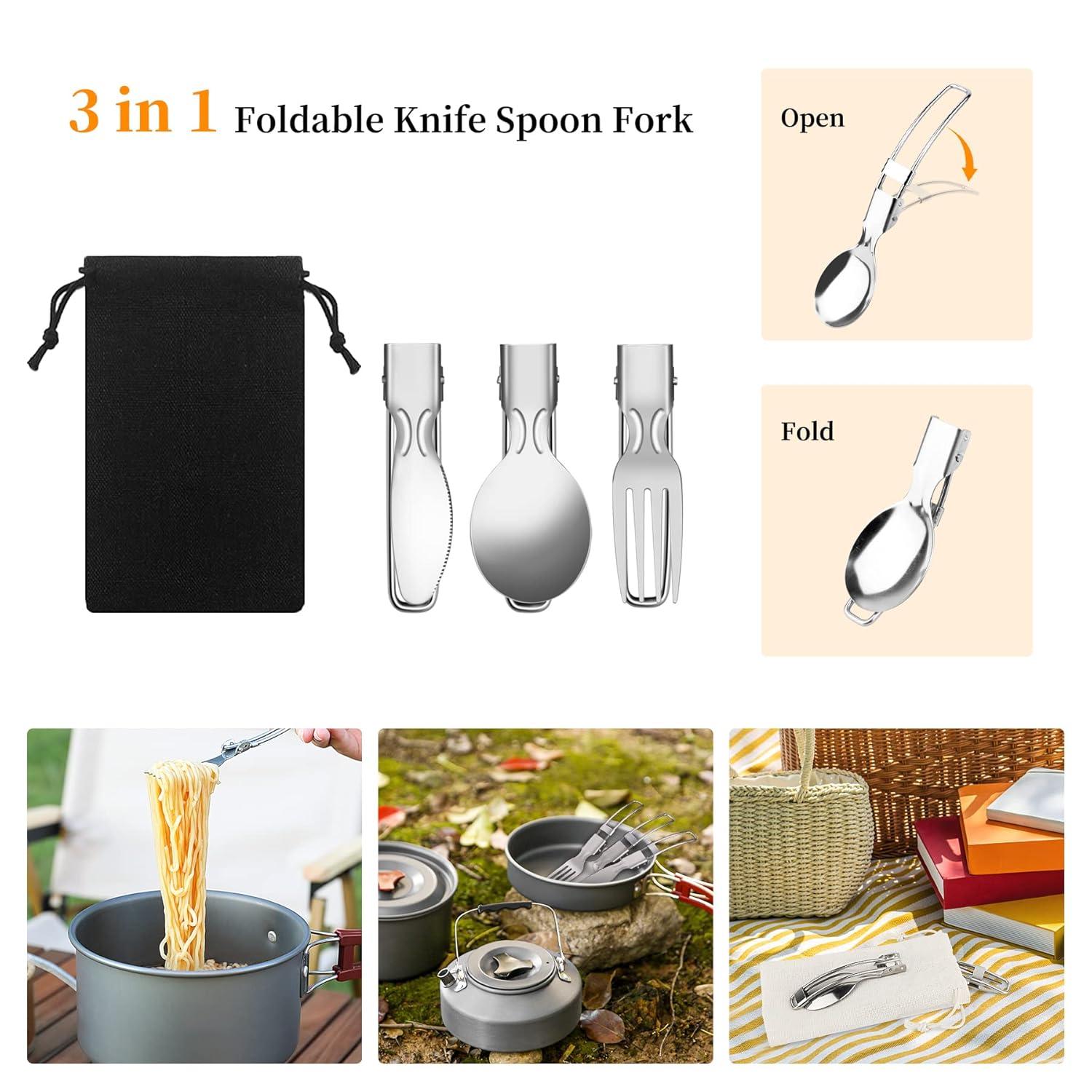 Camping Cooking Utensils Set, Stainless Steel Grill Tools, Camping BBQ Cookware Gear and Equipment for Travel Tenting RV Van Picnic Portable Kitchen Essentials Accessories