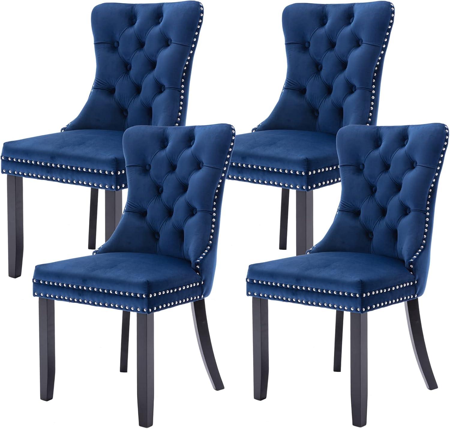 ODUSE-DAILY Velvet Dining Chairs Set of 4, Navy Kitchen & Dining Room Chairs, Tufted Dining Chairs, Fabric Upholstered, Solid Wood, Sillas De Comedor (Blue, 4 Pcs)