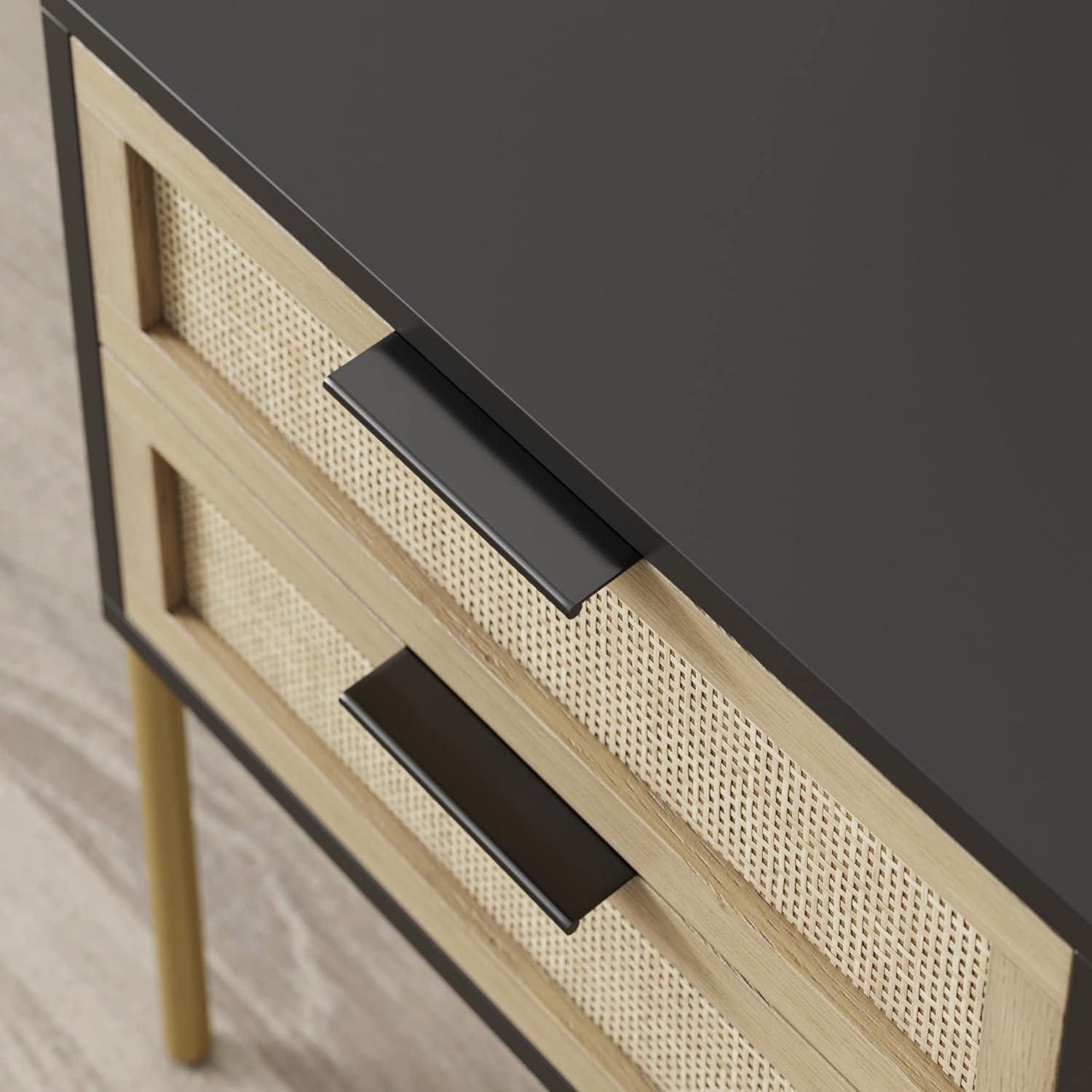 Nathan James Andrew 2 Drawers Side Table Matte Black Rattan: Brass Gold Hardware, Durable Metal Legs