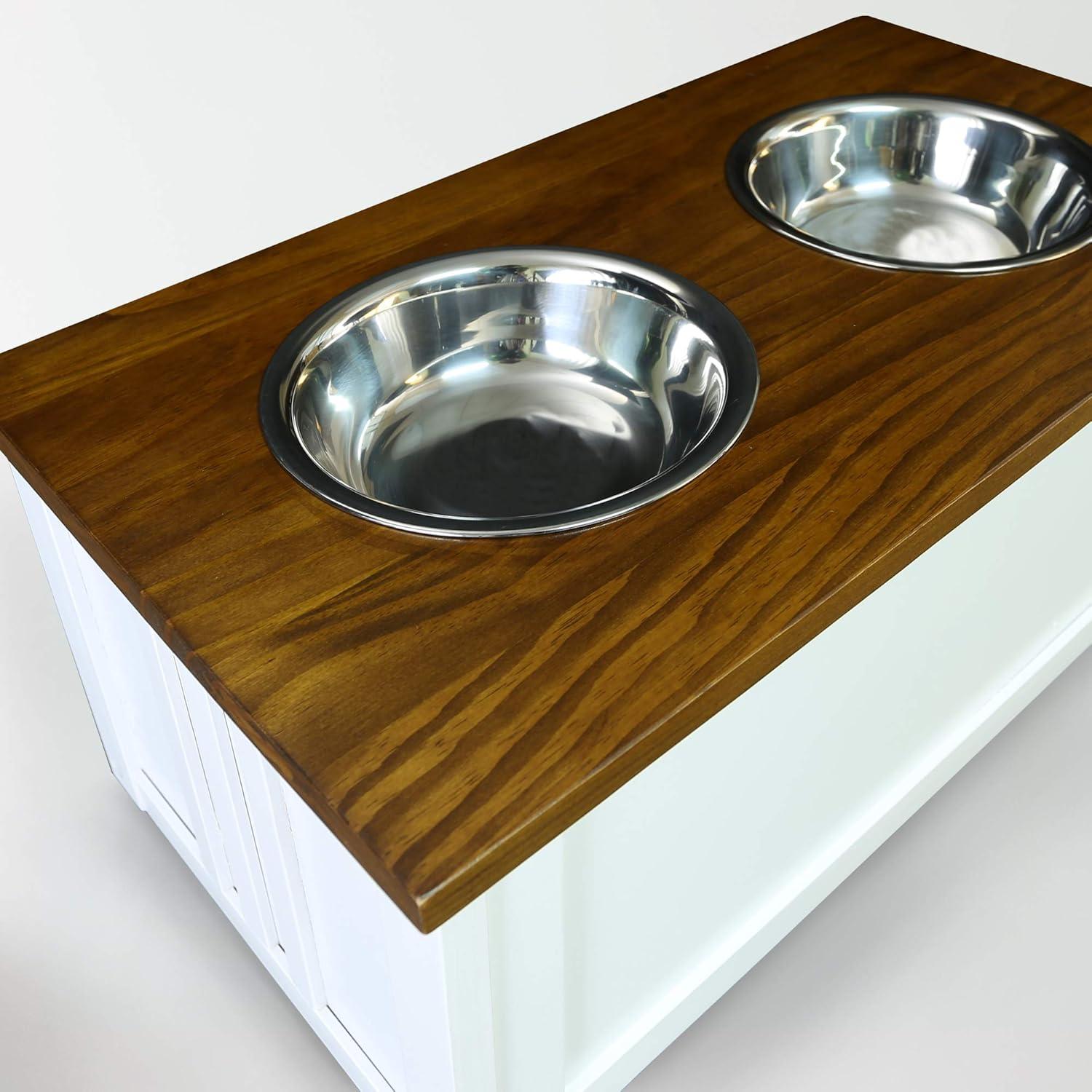 Two-Tone White and Brown Wooden Pet Feeder with Storage