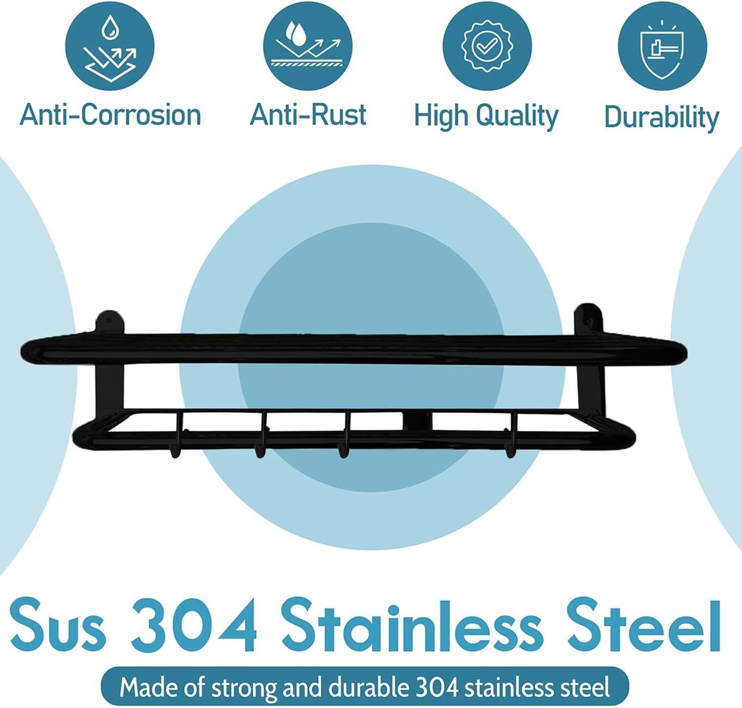 Matte Black 2-Tier Towel Rack | 24'' Wall-Mounted Bathroom Towel Shelf With Bar & 5 Hooks | Rust-Proof Stainless Steel Towel Hanger & Organizer | Space-Saving Storage