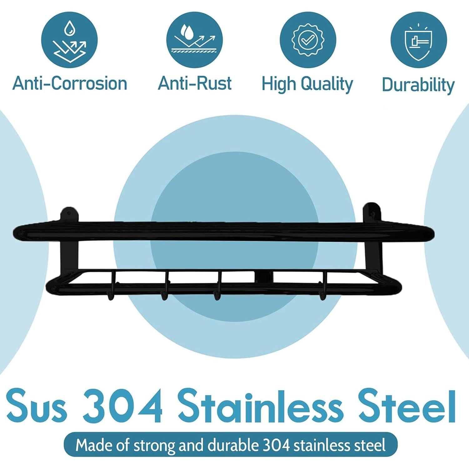 Matte Black 2-Tier Towel Rack | 24'' Wall-Mounted Bathroom Towel Shelf With Bar & 5 Hooks | Rust-Proof Stainless Steel Towel Hanger & Organizer | Space-Saving Storage