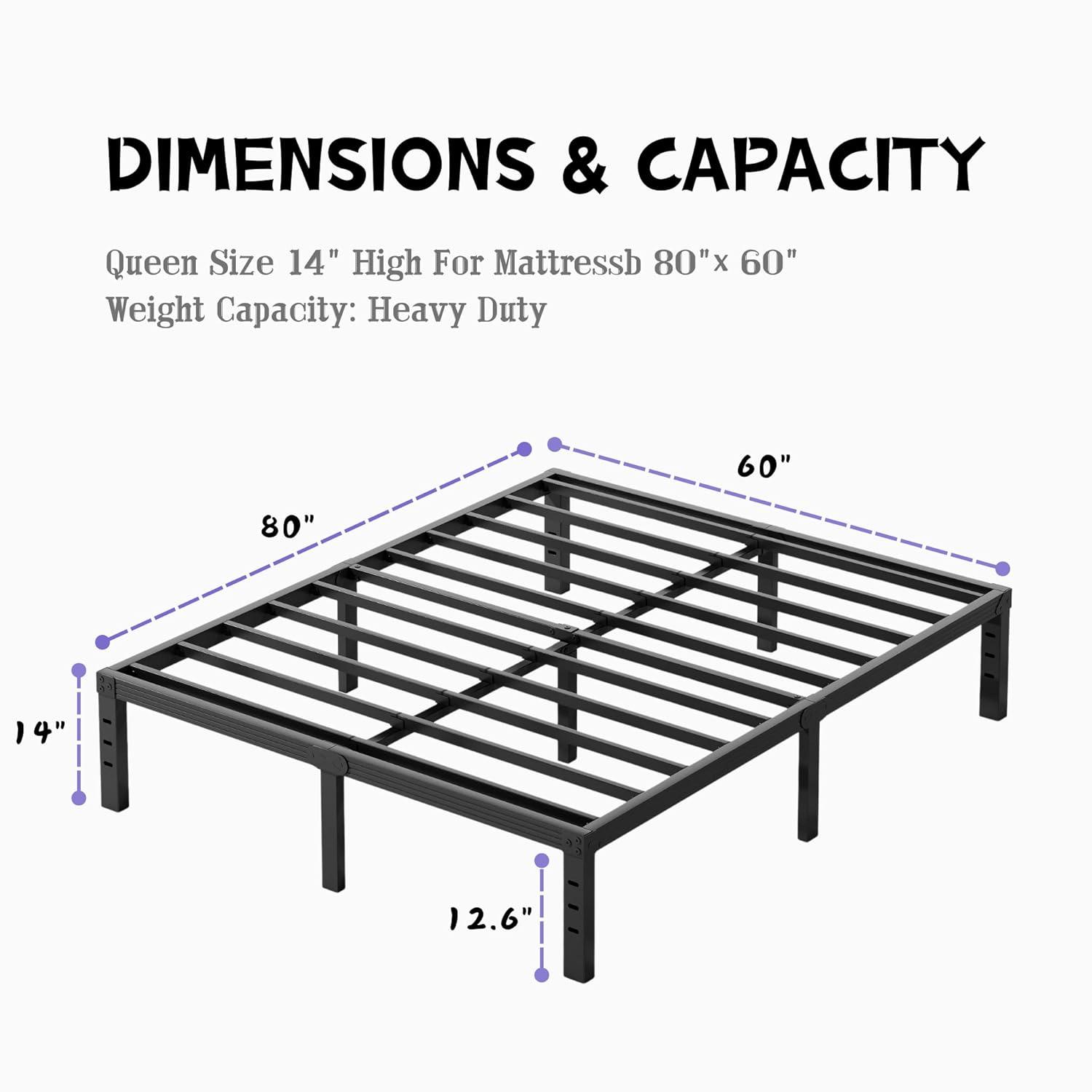14 inches Queen Bed Frames No Box Spring Needed ,2500 lbs Heavy Duty Metal Platform Bed Frame with Storage Queen Size for Adult Black