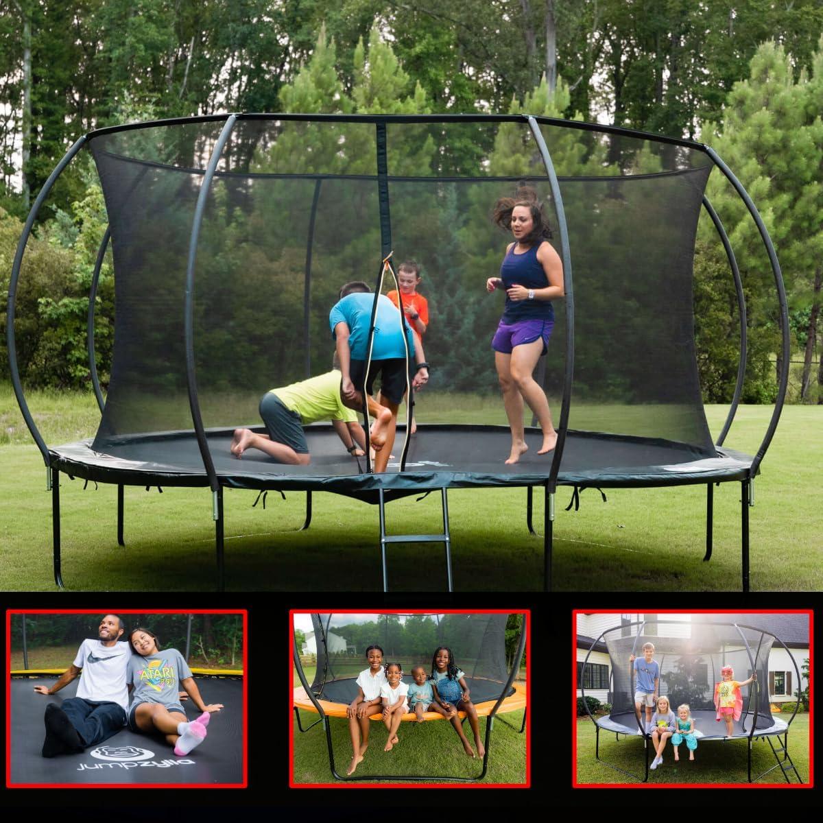 JUMPZYLLA Trampoline Outdoor 8FT 10FT 12FT 14FT 15FT 16FT with Enclosure and Ladder, ASTM Approved Recreational Trampoline for Kids and Adults, Anti-Rust Coated Frame