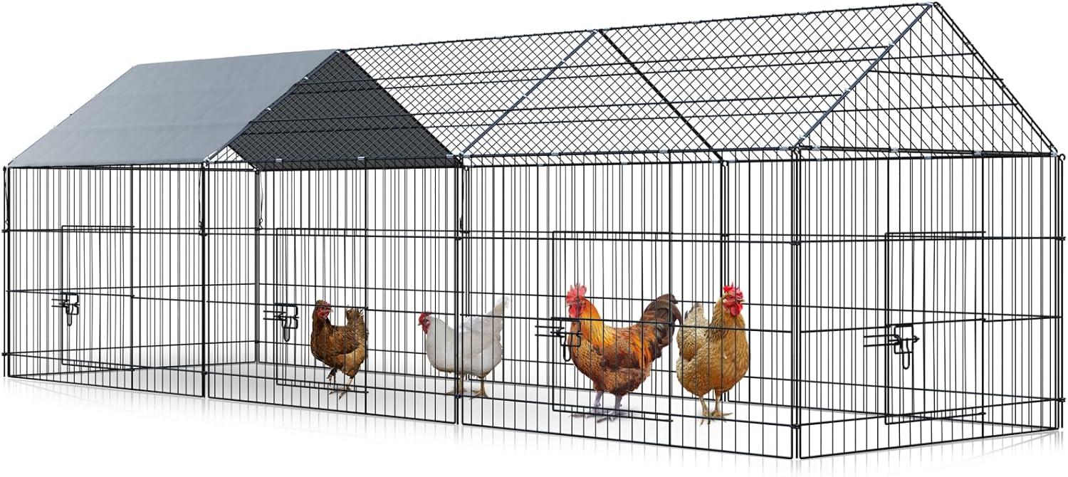 Metal Chicken Coop, 86 x 40 x 40 Inch Chicken Run for Yard with Waterproof Cover, Outdoor Portable Chicken Pen with 4 Doors, 1 Window, Chicken House for Small Animals Duck, Rabbit, Hen