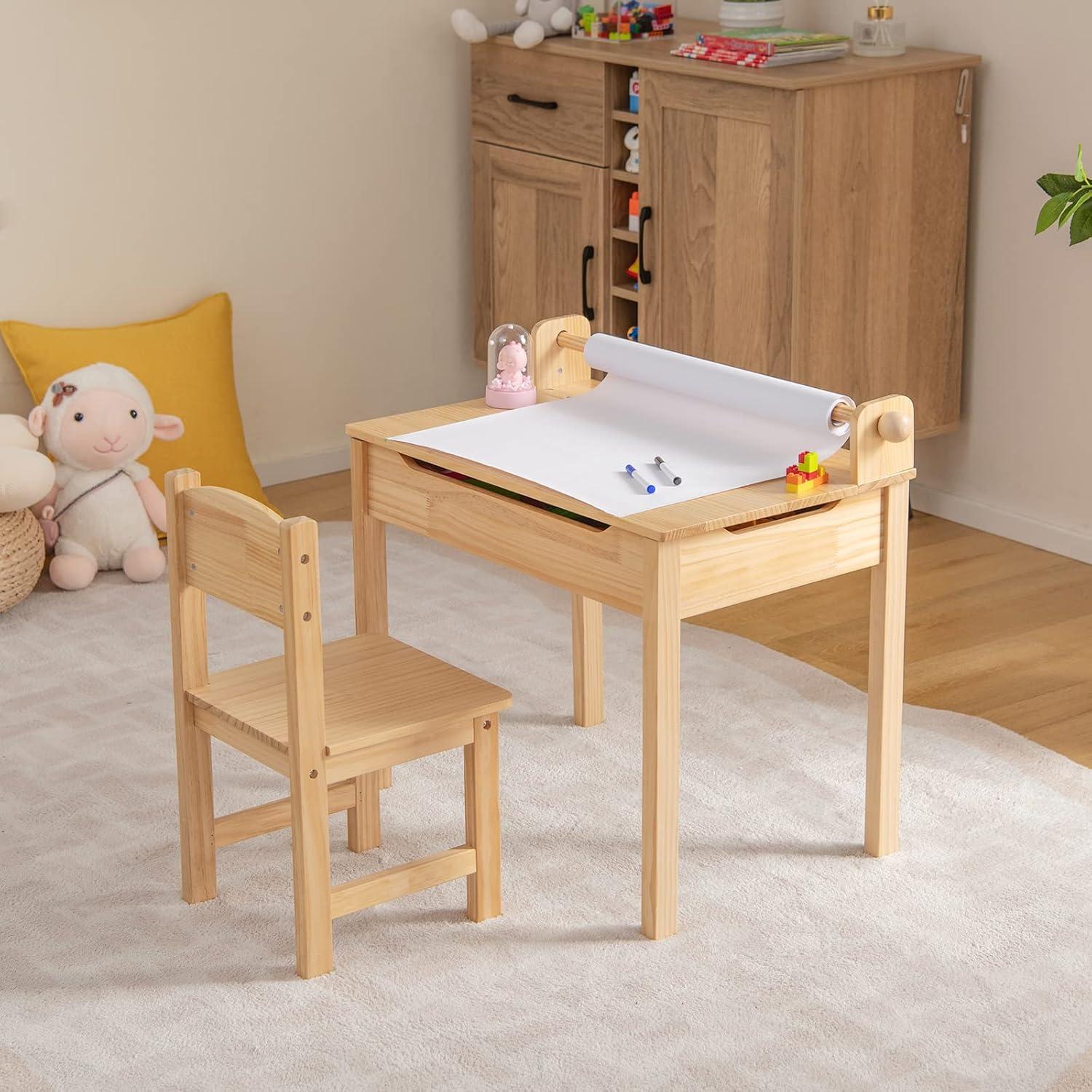 Resenkos Toddler Multifunctional Activity Table and Chair Set with Paper Roll Holder-Natural, Small Folding Table for Arts & Crafts, Snack Time, Homeschooling, Homework