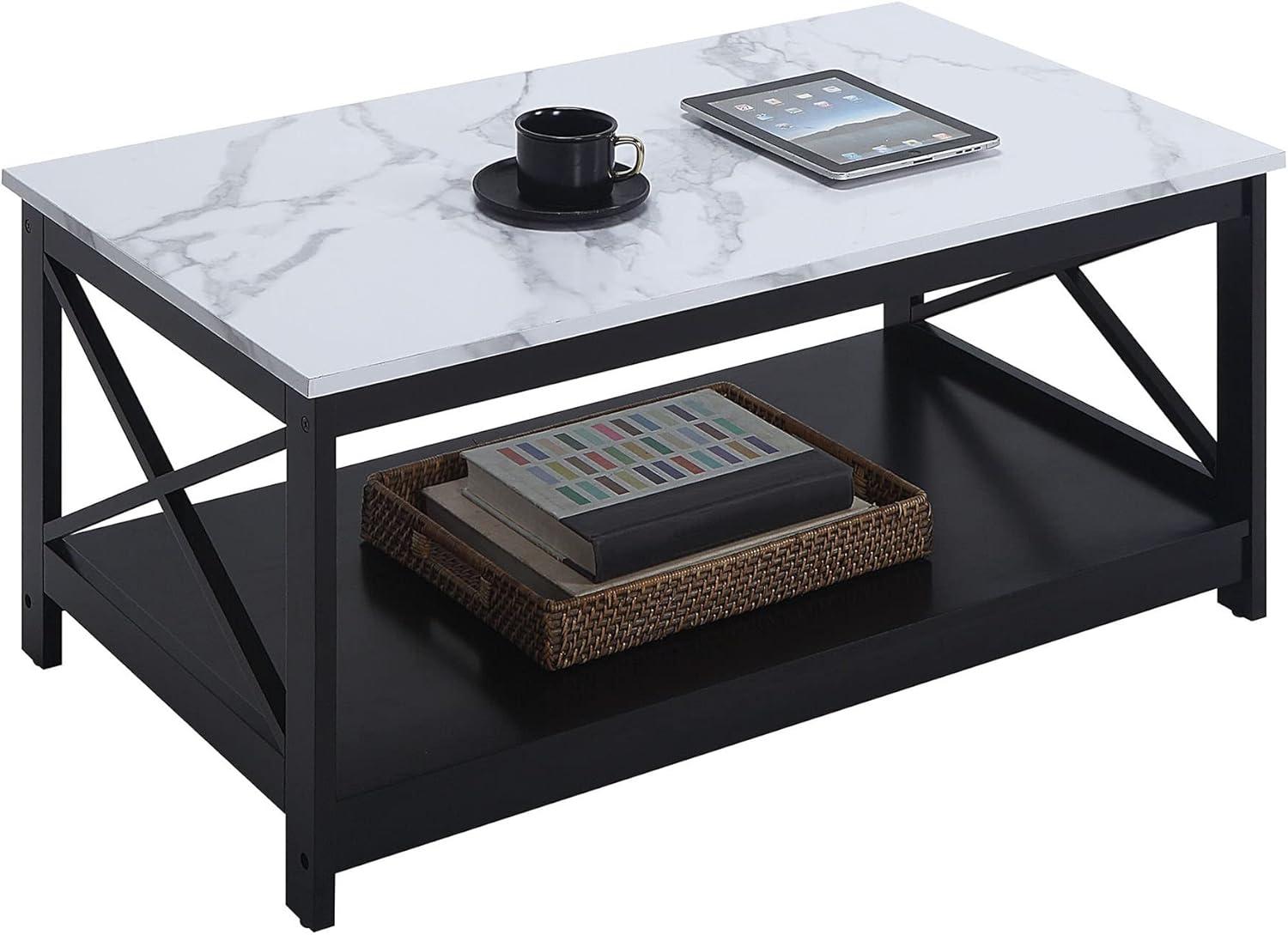 Convenience Concepts Oxford Coffee Table with Shelf, White Faux Marble/Black