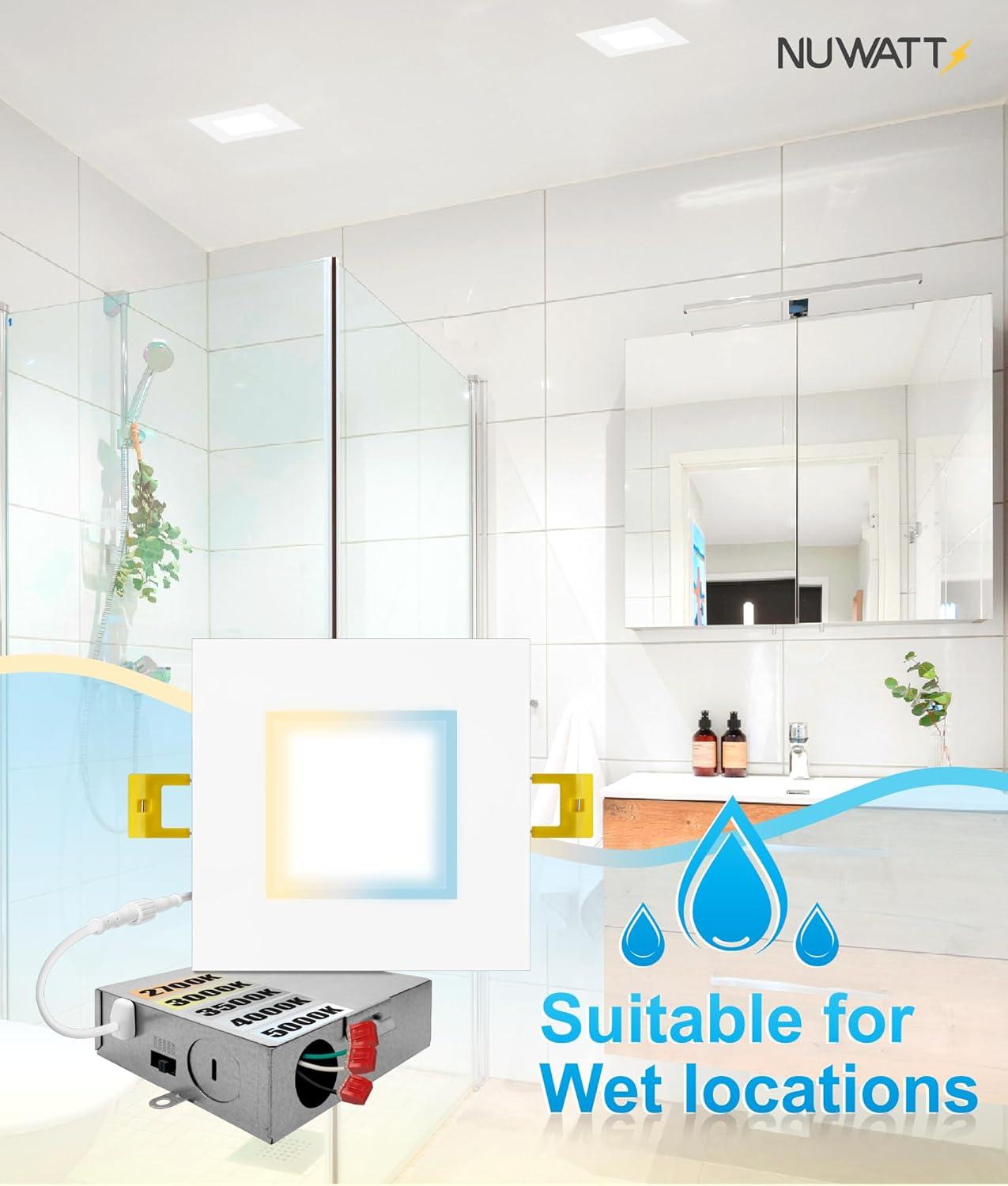 NUWATT 6 Pack 6 Inch Square Ultra-Thin LED Recessed Lighting, Selectable 2700K/3000K/3500K/4000K/5000K, High Brightness 1050 Lumens Dimmable, White Canless Slim Wafer Light, IC Rated, Metal J-Box