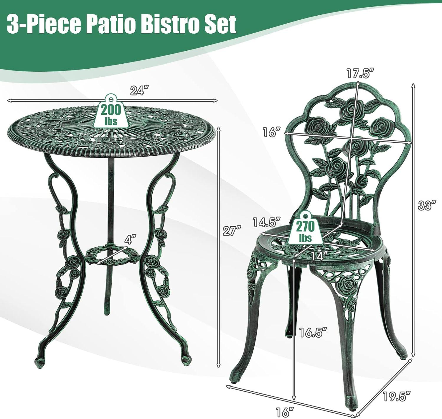 HAPPYGRILL 3-Piece Outdoor Bistro Set Rust-Resistant Cast Aluminum Table and Chairs with Elegant Rose Pattern, Outdoor Furniture Set with 1.9” Umbrella Hole for Balcony Backyard Garden Deck