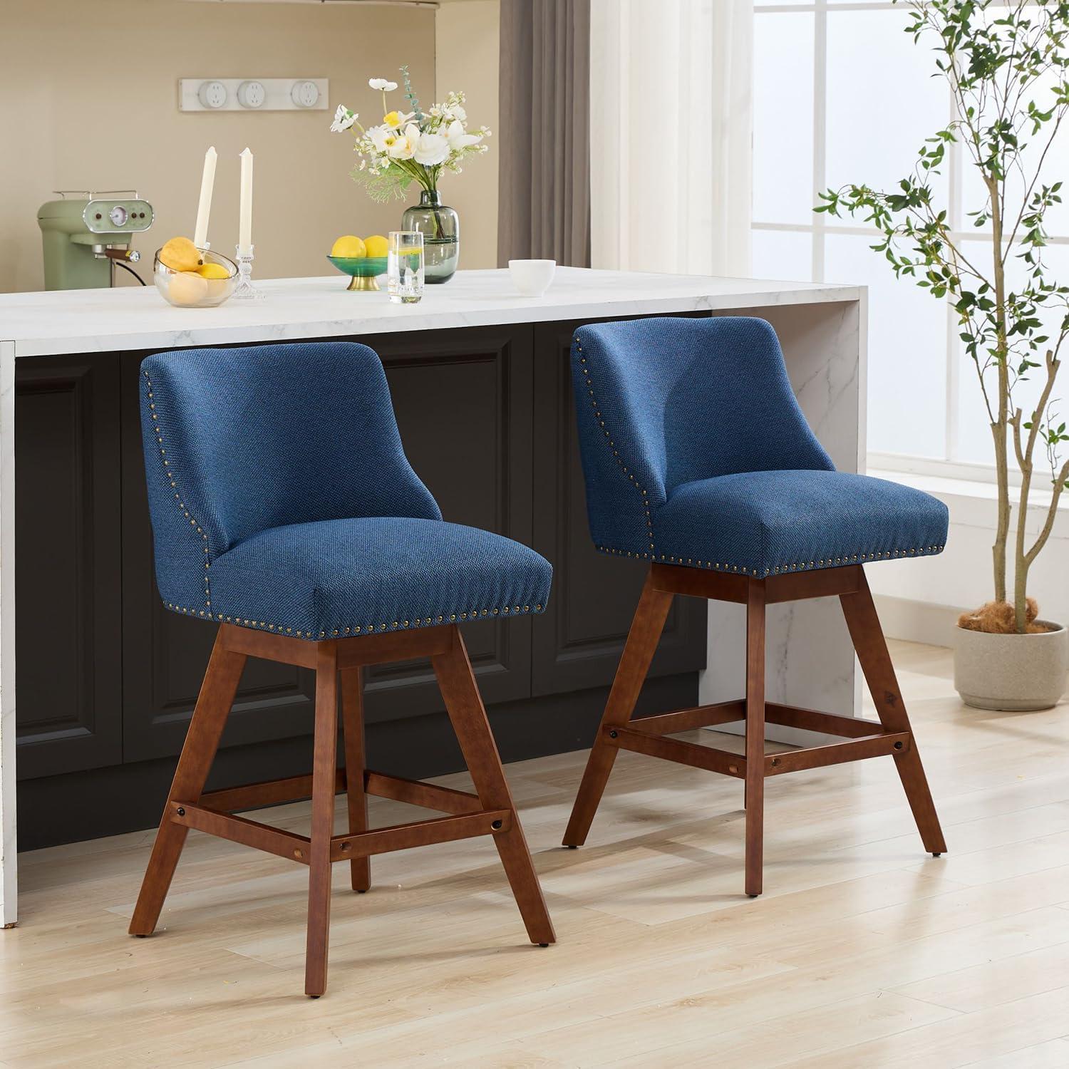 26" Swivel Bar Stools Set of 2, Modern Linen Fabric Counter Stools with Backs and Nail Head Design, Upholstered Barstools with Wood Frame for Kitchen Island, Beige