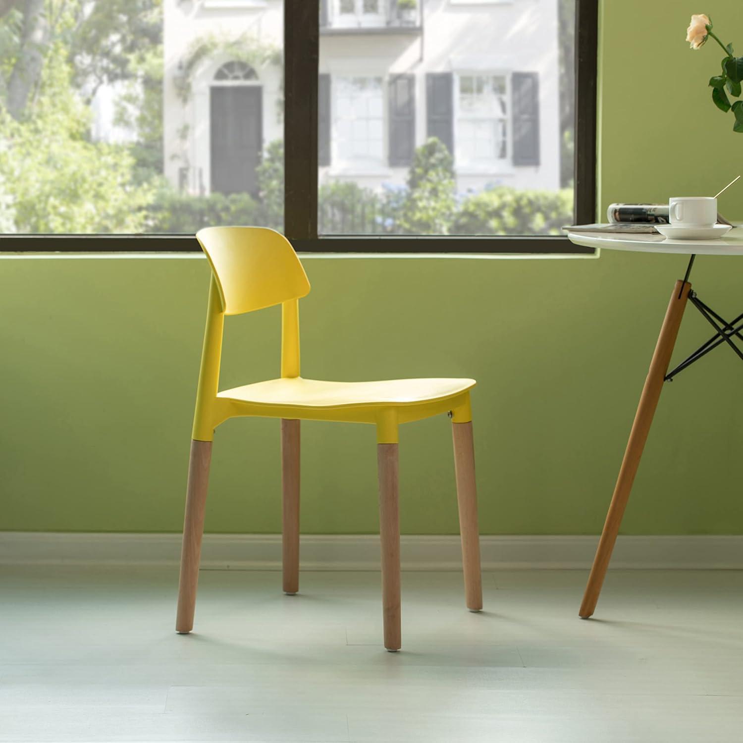 Fabulaxe Plastic Dining Chair Open Back with Beech Wood Legs, Yellow