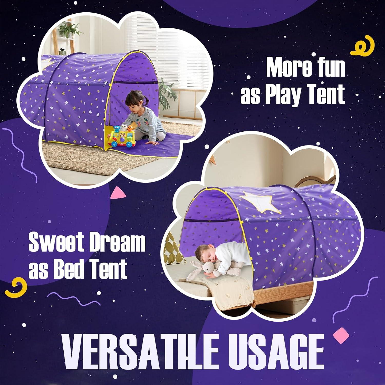 Twin Bed Canopy Kids Play Tent, Starlight Dream Tent for Kids, Twin Bed Playhouse with Glow-in-the-Dark Stars, Pop-Up Portable Privacy Space for Boys & Girls, Indoor Camping, Reading, Play, Purple