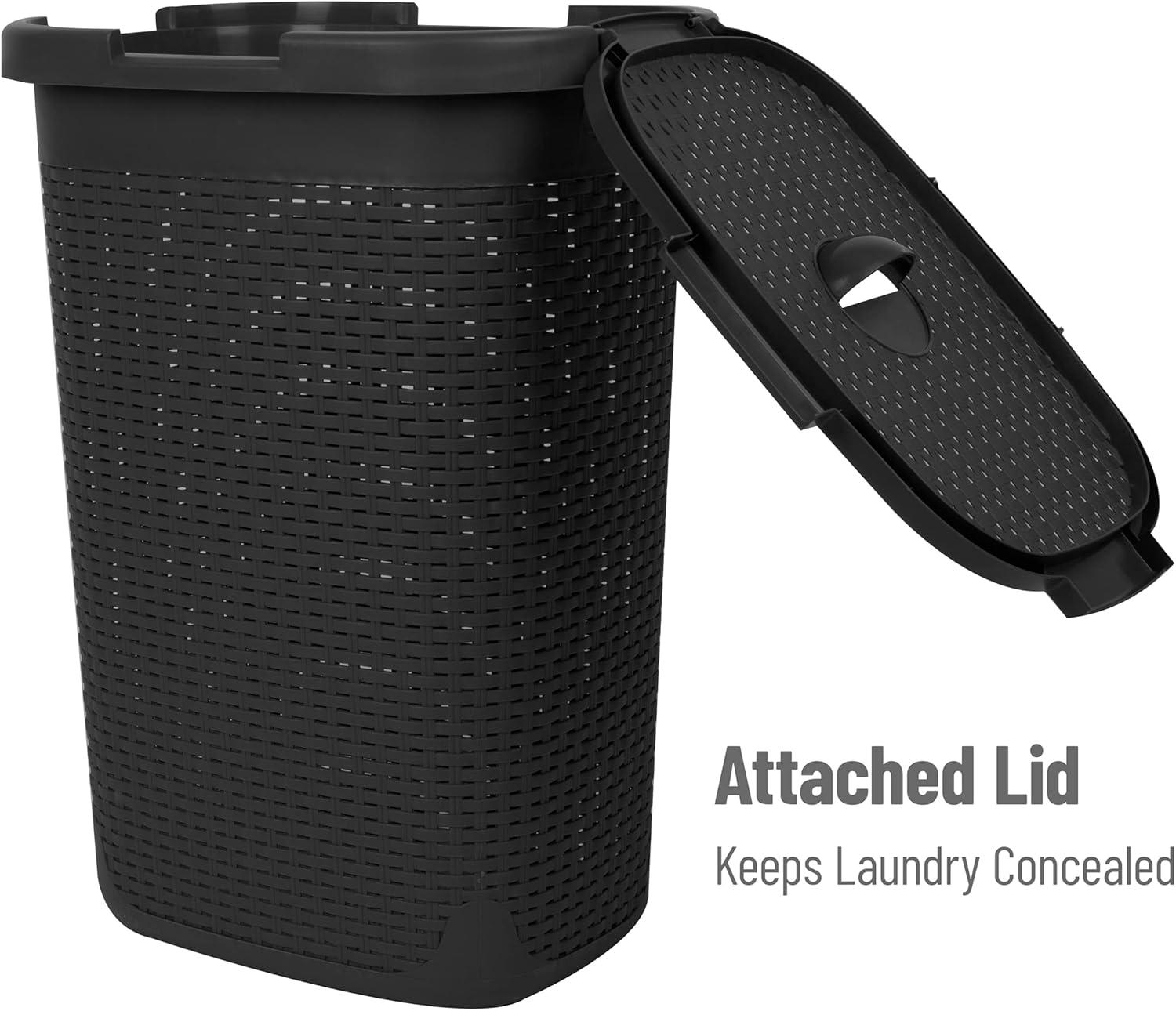 Mind Reader 60L Slim Laundry Hamper, Clothes Basket, Lid, Wicker Style, Plastic, 17.65"L x 13.75"W x 24.15"H, 2-Pack