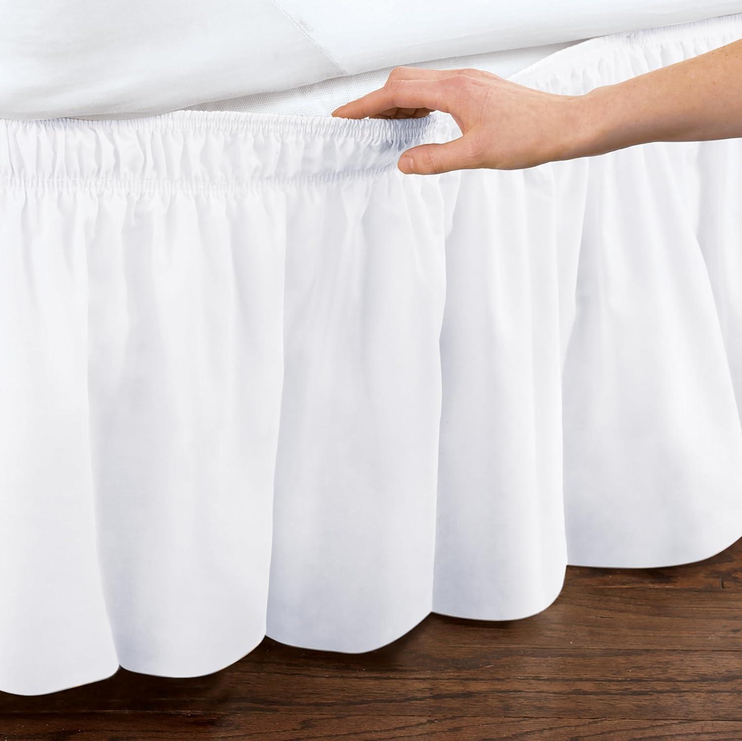 Collections Etc Wrap Around Bed Skirt, Easy Fit Elastic Dust Ruffle, White, Queen/King