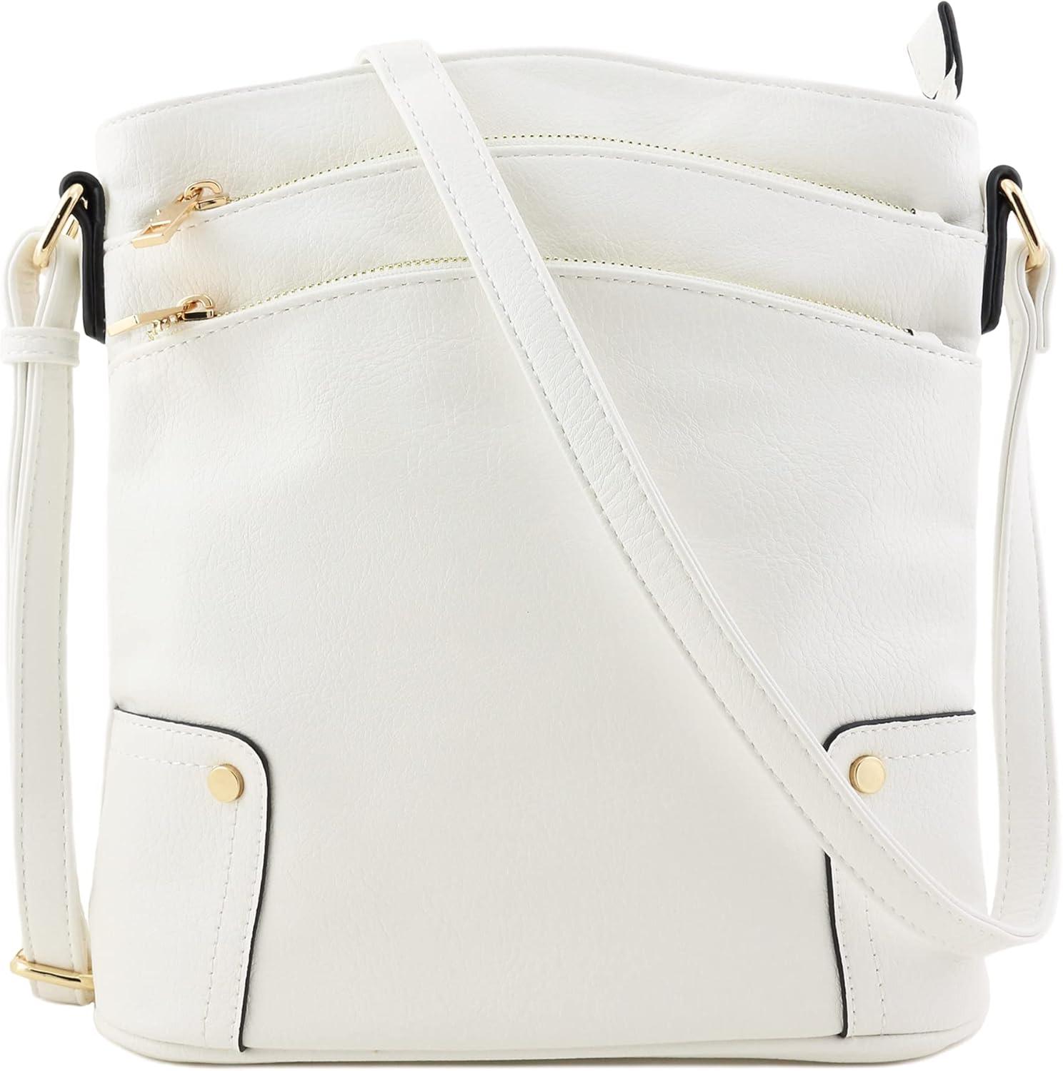 White Faux Leather Triple Zip Crossbody Bag