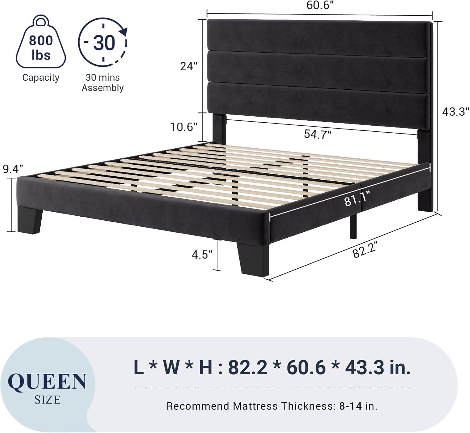 Black Velvet Upholstered Queen Platform Bed with Wooden Slats