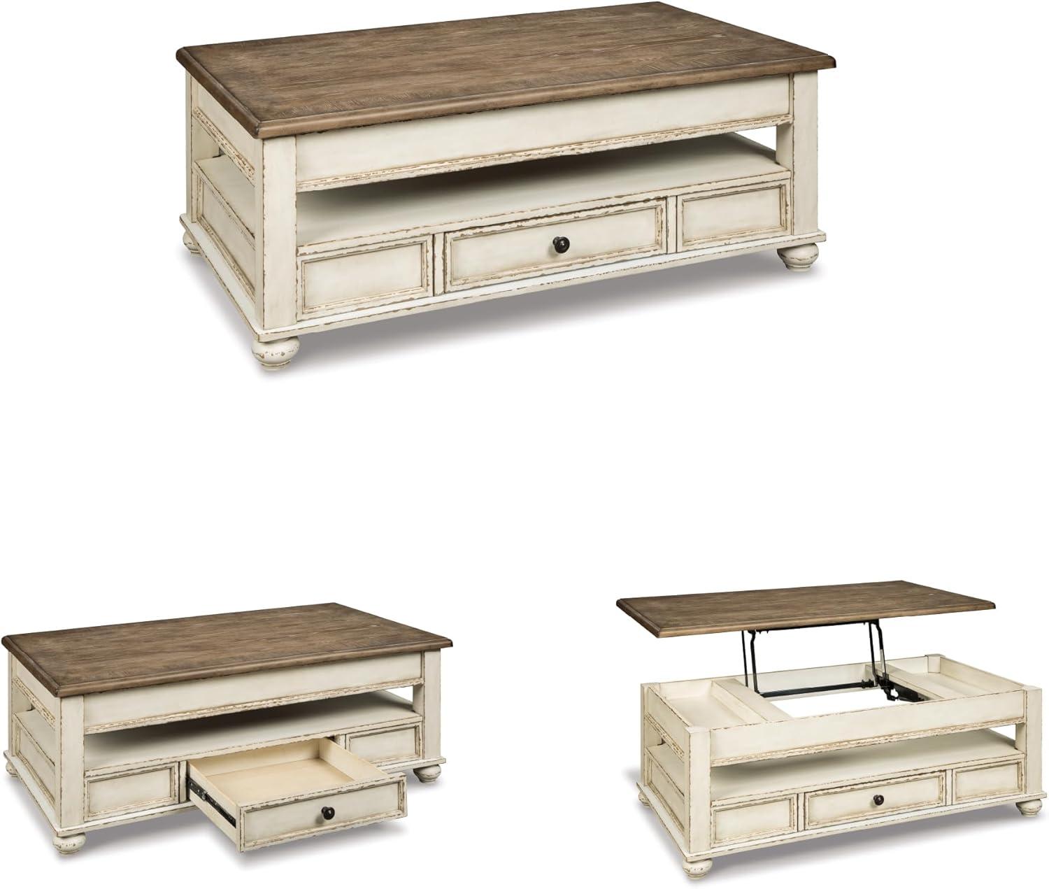 Realyn Coffee Table with Lift Top White/Brown - Signature Design by Ashley: Mid-Century Style, Storage, Wood Legs