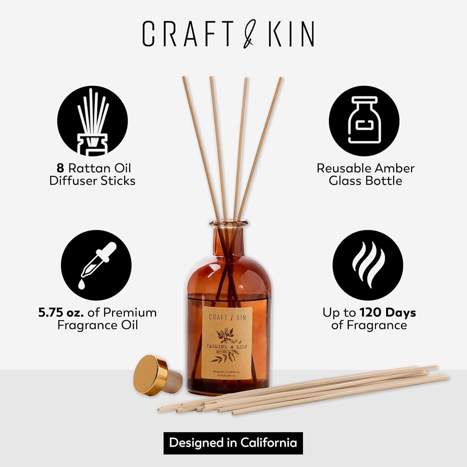 Craft & Kin Lily & Jasmine Diffuser Reed Diffuser | All Natural Essential Oil & 8 Rattan Scent Sticks | Reed Diffusers for Home, Bathroom | Long Lasting Home Fragrance in Amber Glass, 5.75oz