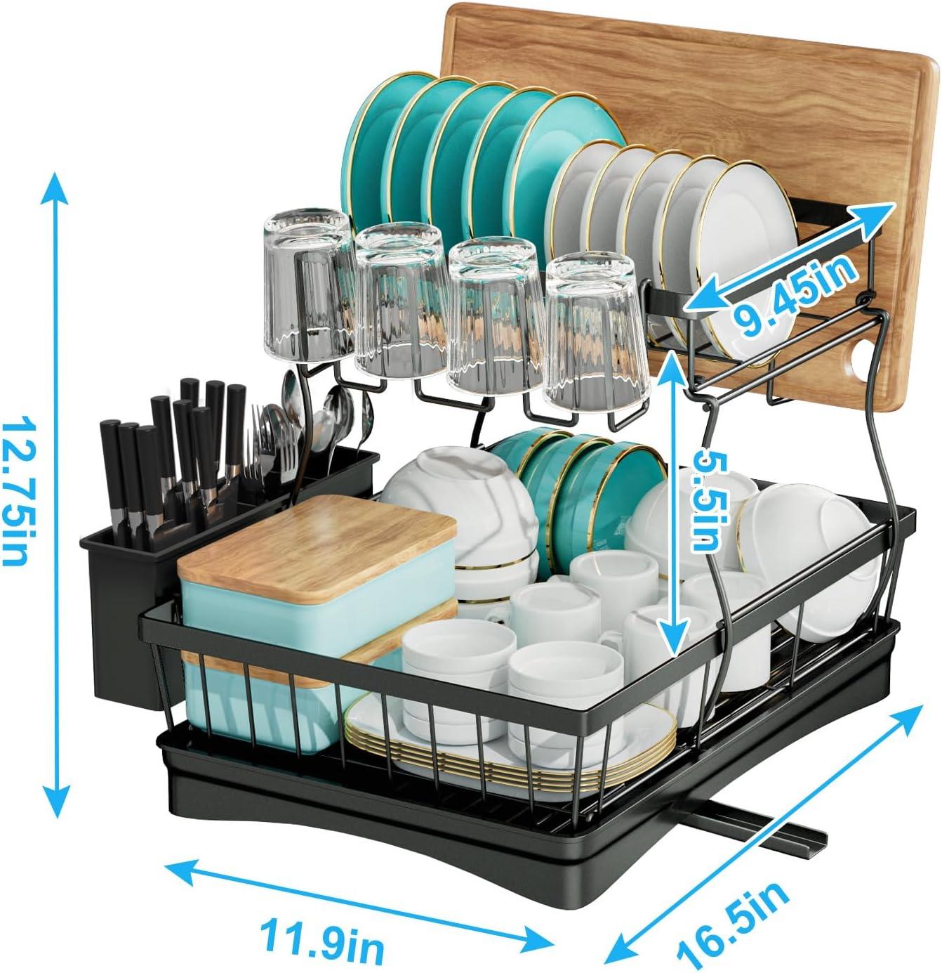 iSPECLE Dish Drying Rack with Drainboard - Dish Racks for Kitchen Counter, Rust-Resistant Compact Dish Drainer with Utensil Holder, Drain Spout and High Feet on Drip Tray, Black