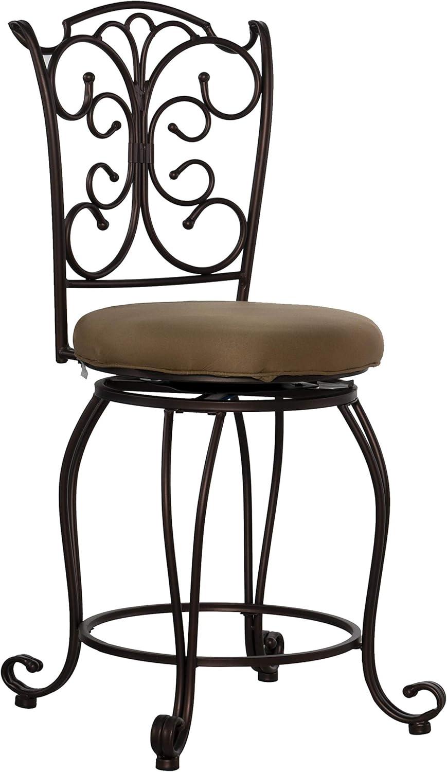 Linon Gathered Back Counter Stool, Brown, 24 inch Seat Height, Light Brown with Caramel Fabric