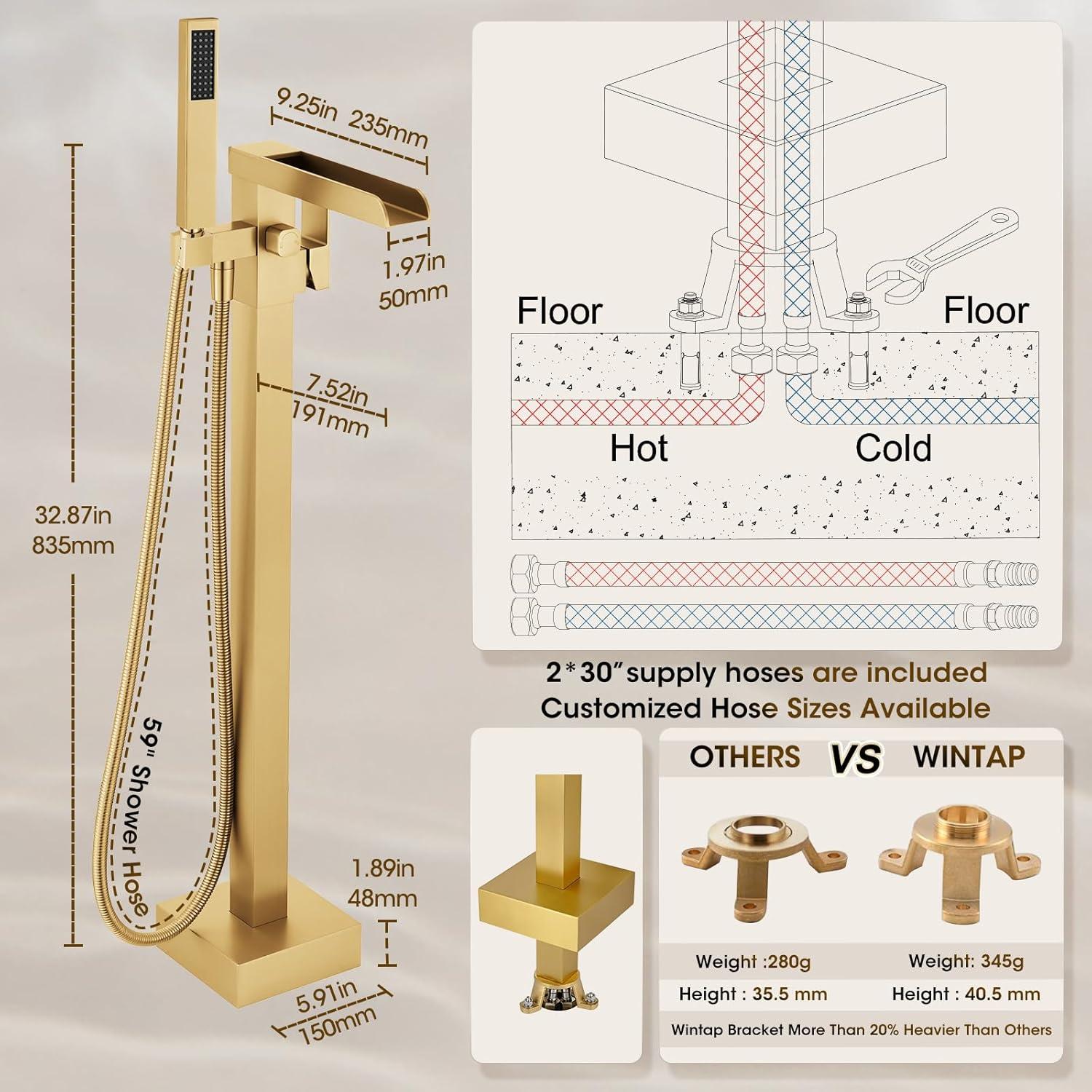 AlenArtWater Waterfall Tub Filler Freestanding Bathtub Faucet Floor Mount Brass Single Handle Bathroom Faucets with Hand Shower 94-LJQKCZ