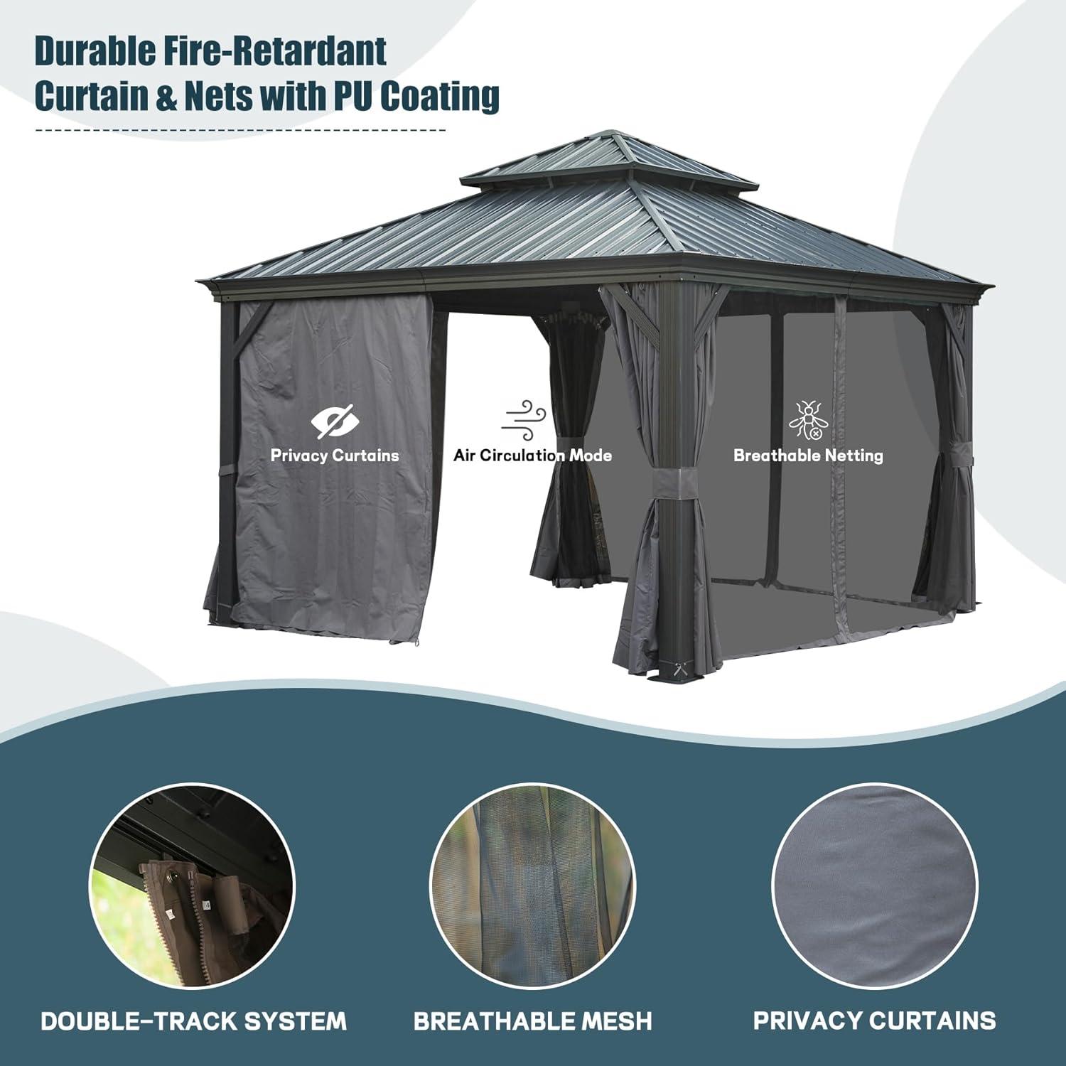 Domi Outdoor Living 12’ X 12’ Hardtop Gazebo Canopy with Netting & Curtains, Outdoor Aluminum Gazebo with Galvanized Steel Double Roof for Patio Lawn and Garden, Gray