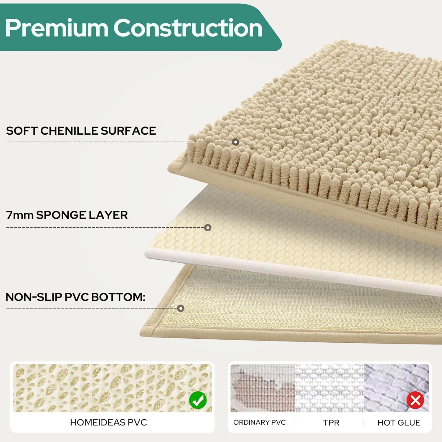 HOMEIDEAS 3 Pieces Beige Bathroom Rugs Set, Ultra Soft Non Slip Bath Rug and Absorbent Chenille Bath Mat, Includes U-Shaped Contour Rug, Bath Mat and Toilet Lid Cover, Perfect for Bathroom, Tub