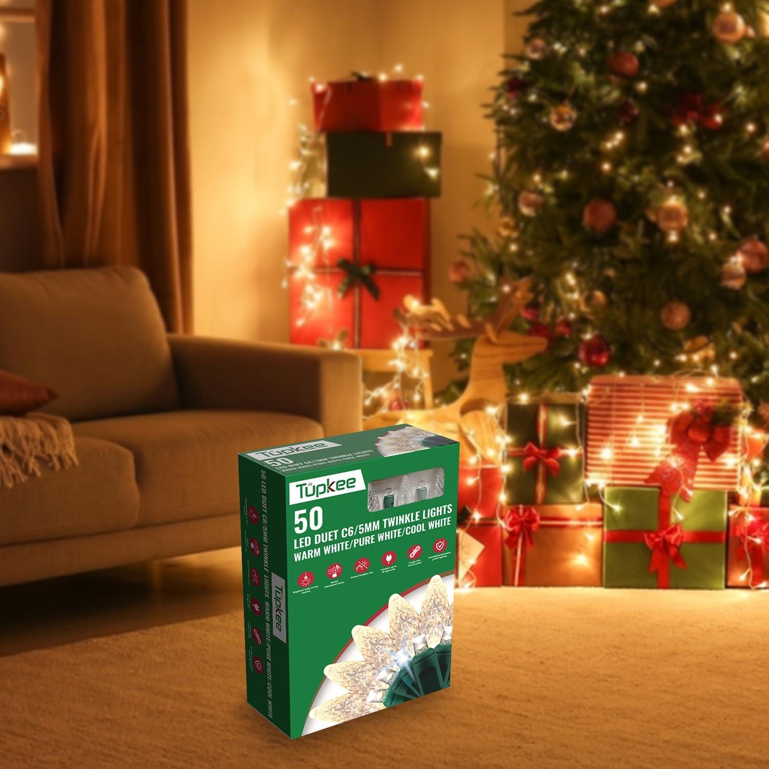 Christmas LED Duet C6/5mm Twinkle Lights  Champagne LED Bulbs - 8 of 50 Lights Twinkle - Professional Grade Indoor Outdoor  24.5 Feet Light String, Christmas Tree Sparkling Twinkling Holiday Decor