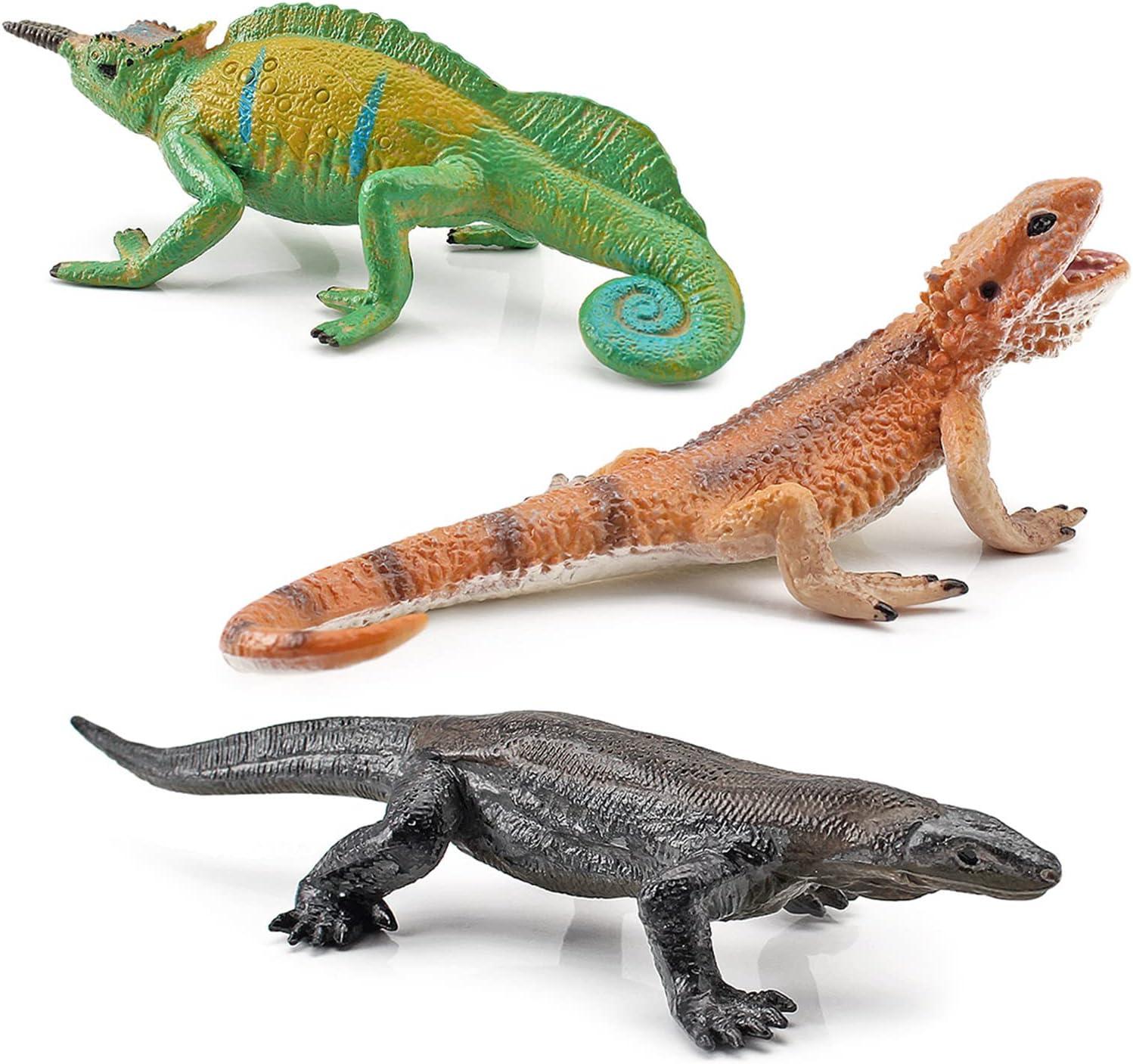 3PCS Plastic Lizard Figure Bearded Dragon Toy Forest Chameleon Woodland Animal Figurines Toys Set Plastic Animals Figure Gift for Kids Birthday 3 4 5 6 Year Old